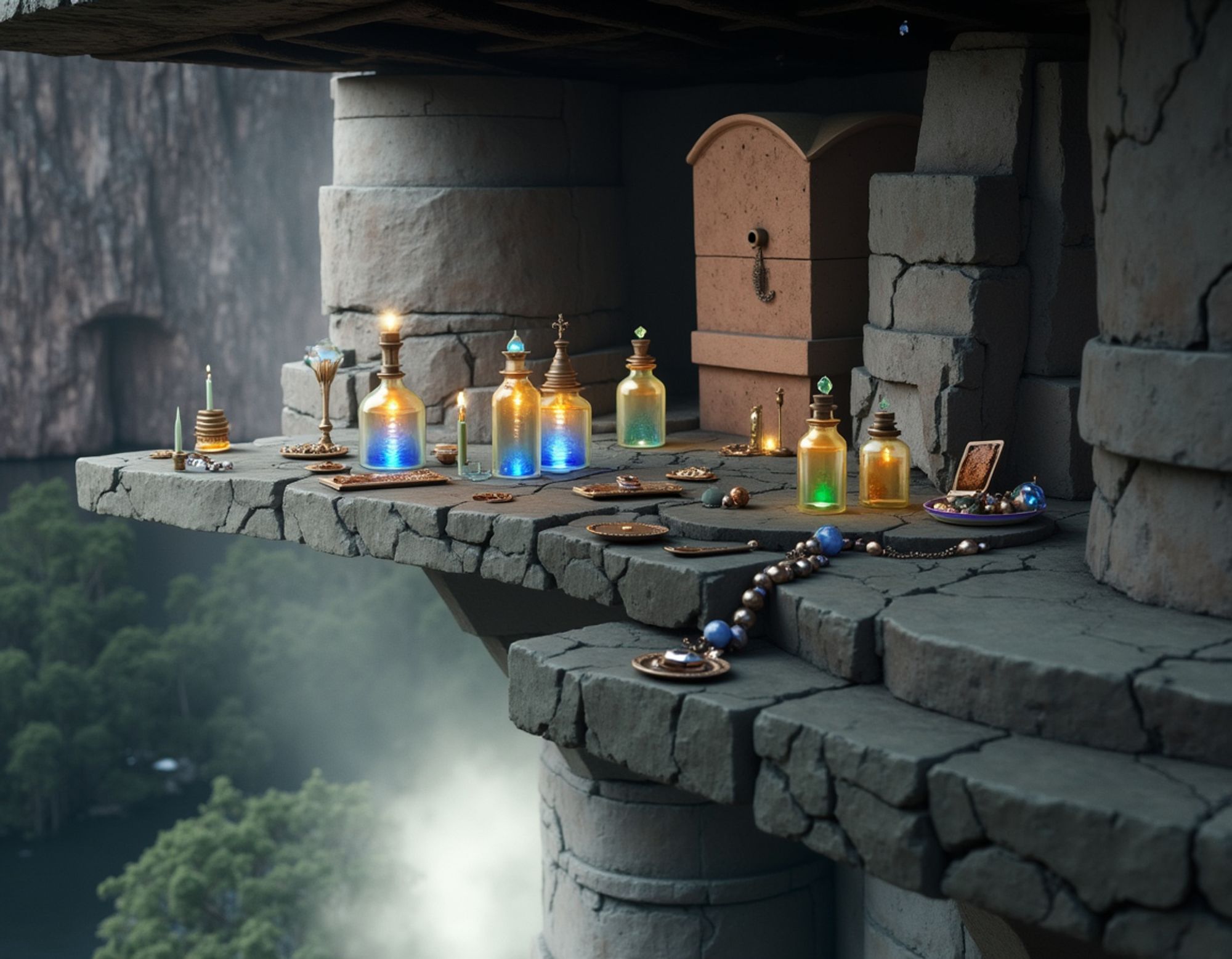 Ancient stone structure perched high above a misty valley, with a weathered stone cliff in the background. Glowing potion bottles, locked boxes, and magical objects are arranged on weathered stone shelves in a remote and inaccessible location high above the landscape.