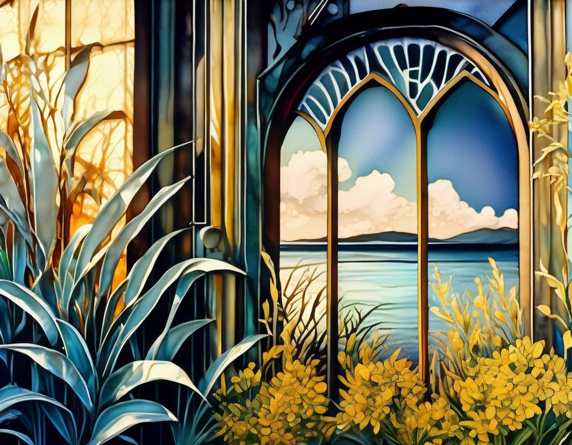 House exterior wall with mirror glass window reflecting a view of a bay on a sunny day. Yellow flowers and leafy plants frame the window. AI impressionism style.