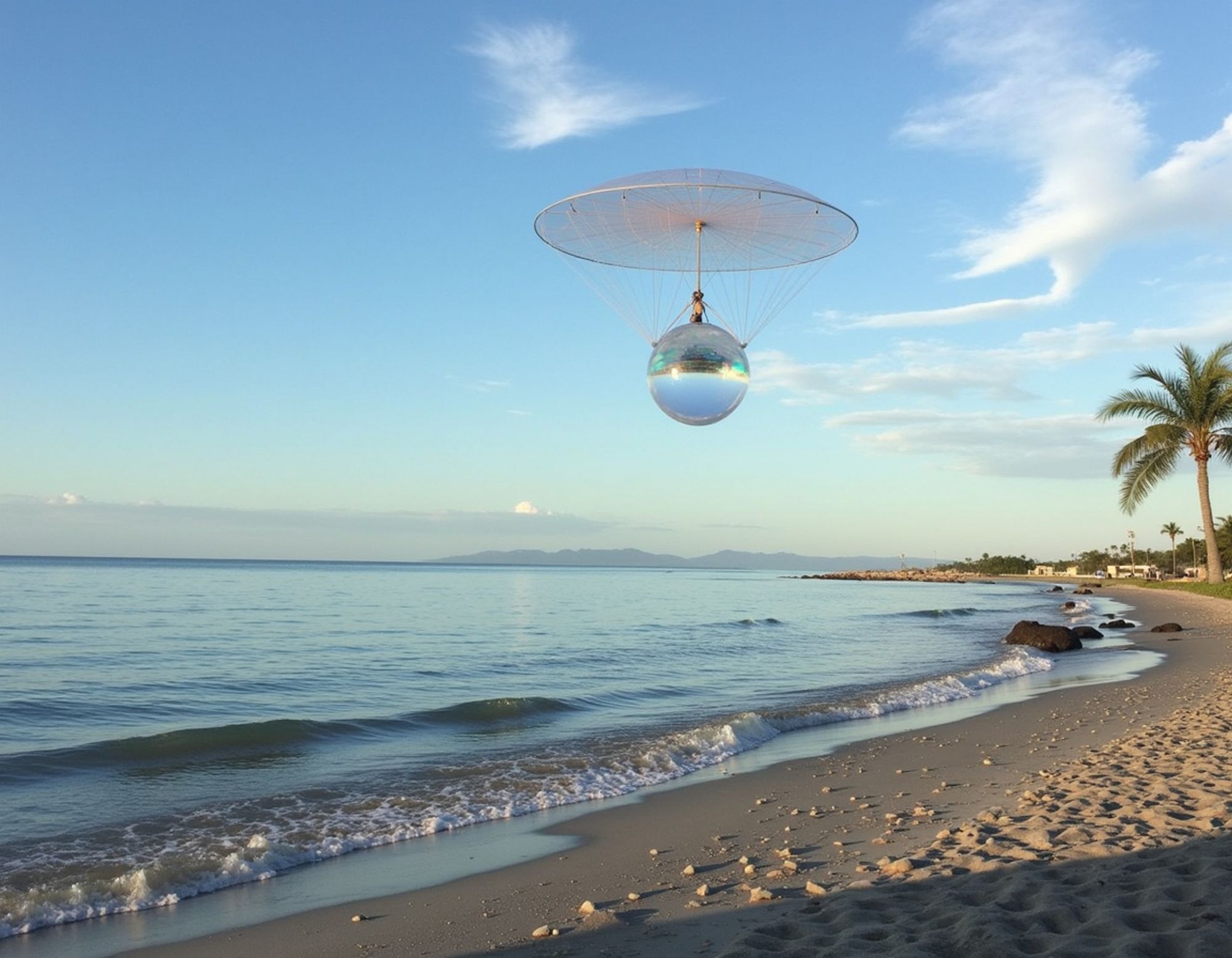 A futuristic spherical drone under a dome shaped propellor, floating over a sunny beach along the wave line, with palm trees and a mostly clear sky in the background.