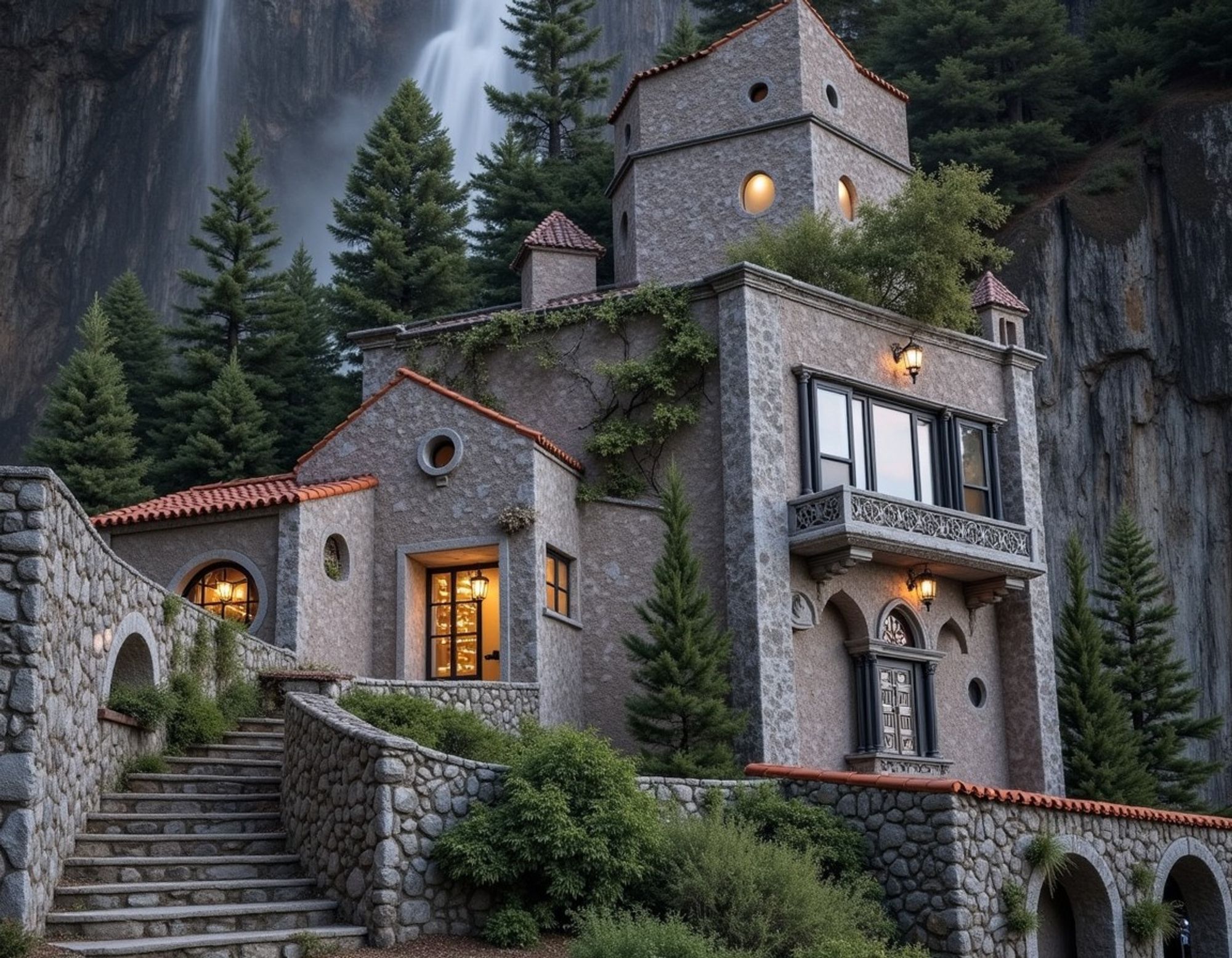 Cobblestone hotel with round windows, warm lighting, and iron balcony and doors, with a backdrop of a cascading waterfall and dense forest. Vines and bushes grow from walls and roof.