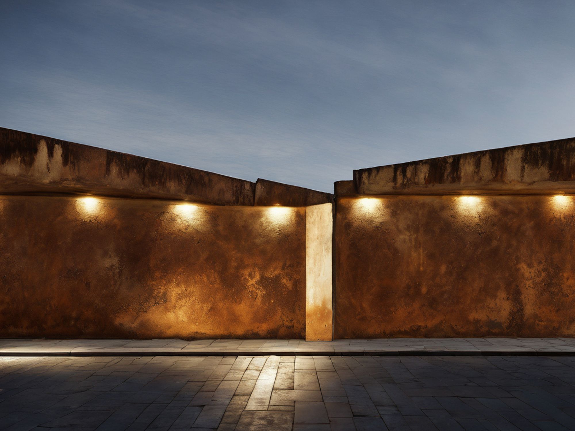 A weathered brown stone wall under a late afternoon sky, illuminated by soft golden lights casting a warm glow and dramatic shadows.