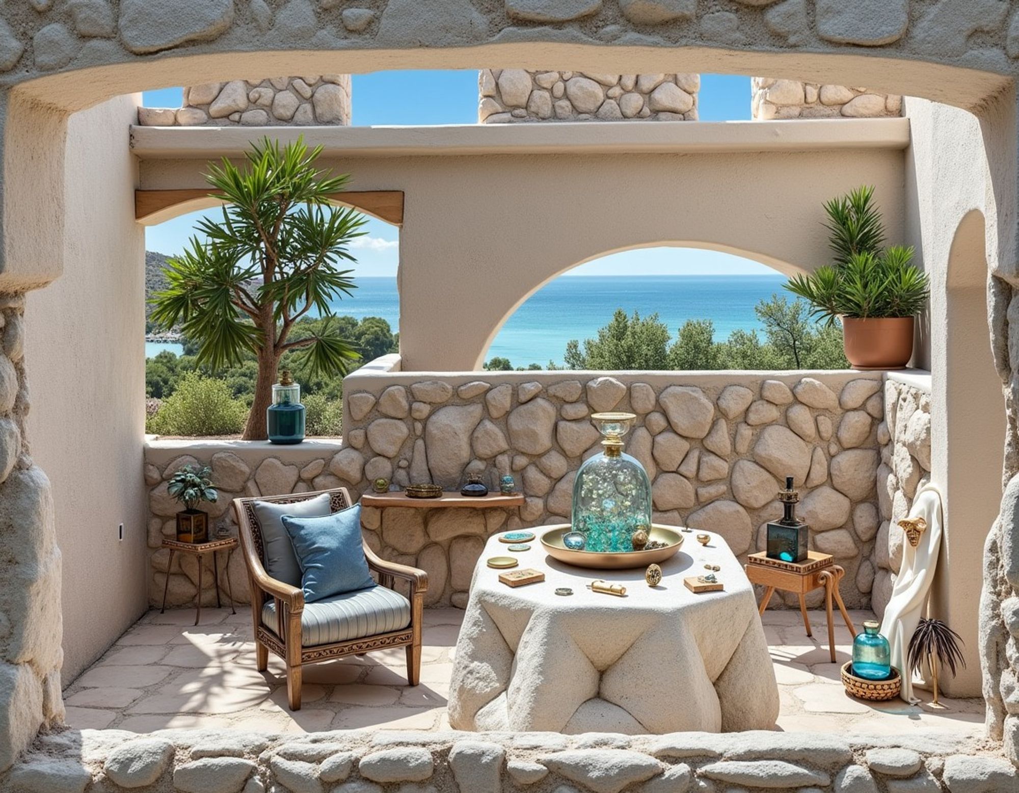 Indoor/outdoor terrace with stone walls and an ocean view that is the office of a professional mystic. A central table carved out of rough sandstone holds a large glass container filled with mystical essence and surrounded by divination tools.