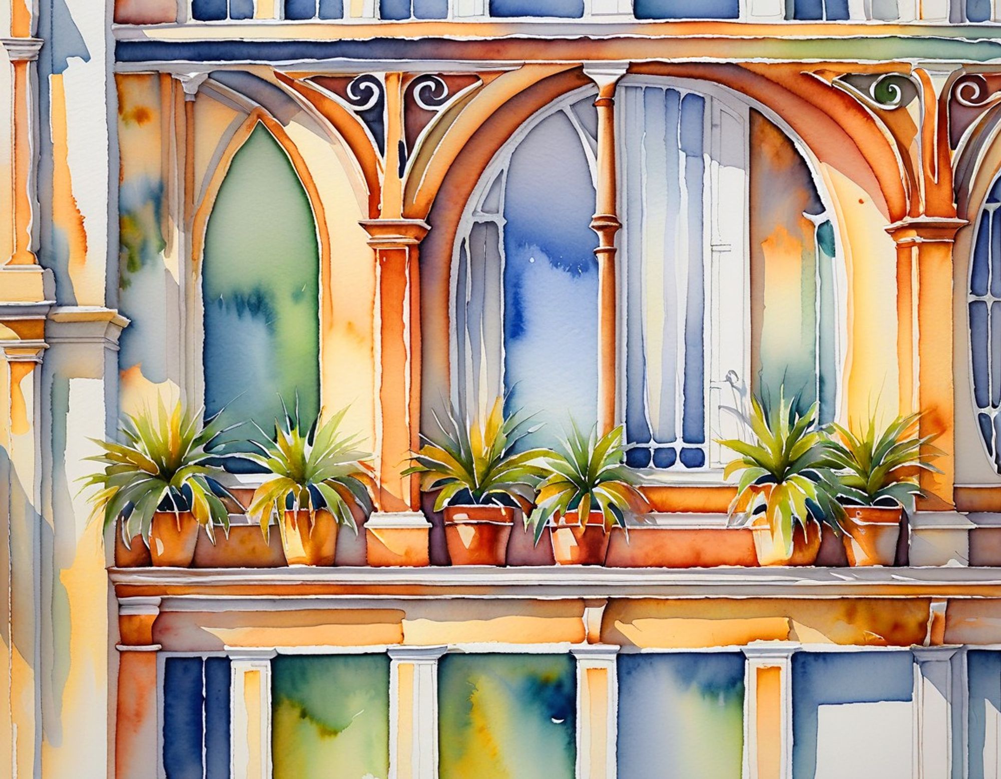 Window ledge with a row of vivid and vigorous plants in terracotta pots, with arched windows behind and architectural details in orange and blue. Watercolor style.