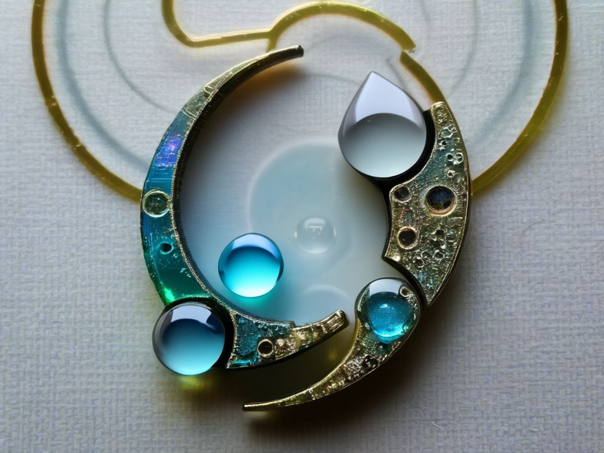 A futuristic prototype design featuring pitted and eroded curved metal with embedded circuitry, enclosing perfect polished round crystals refracting light.