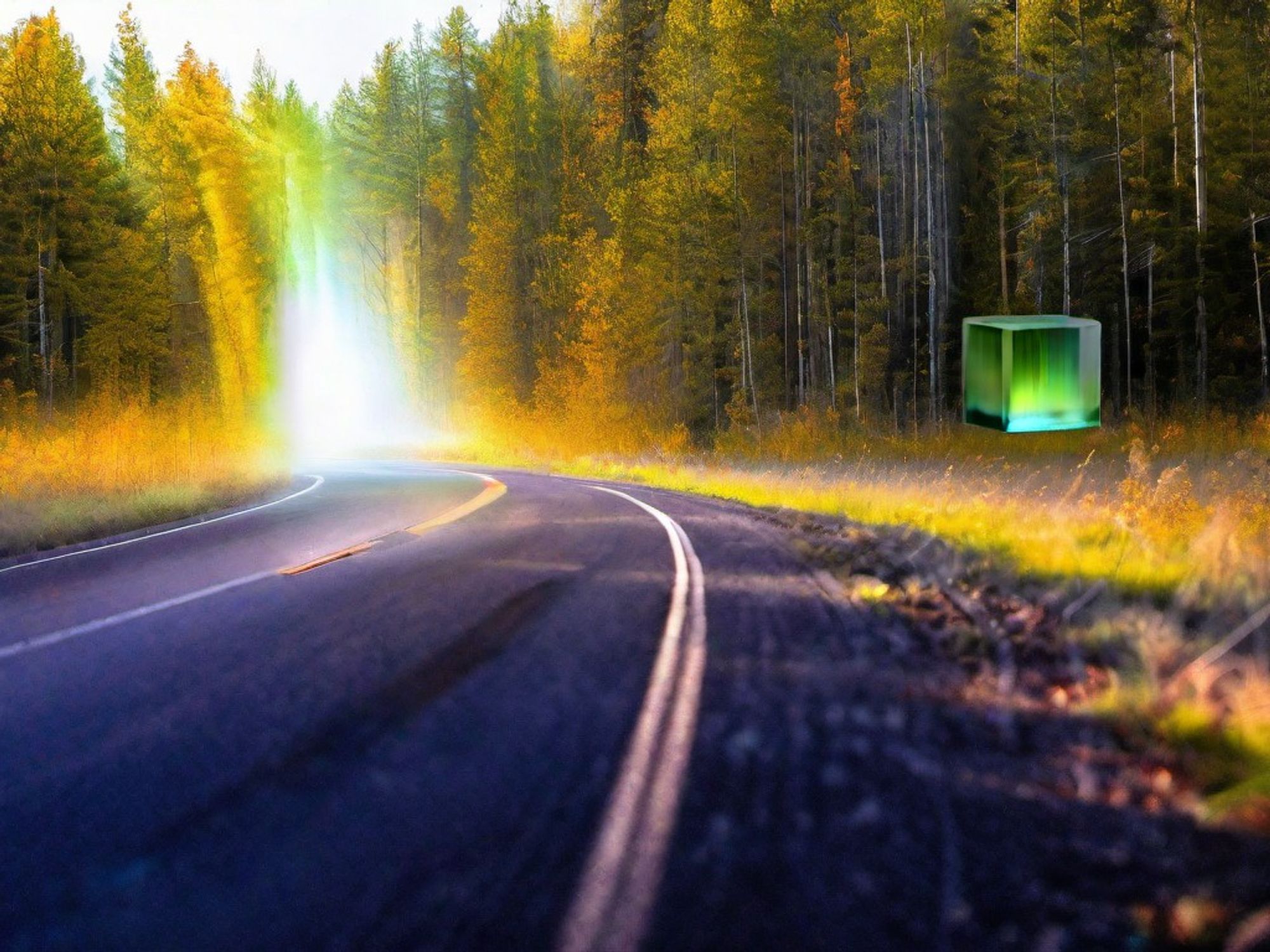 A forest road winds through autumn colors towards a brilliant white light, past a mysterious hovering cube that emits an ethereal green glow.