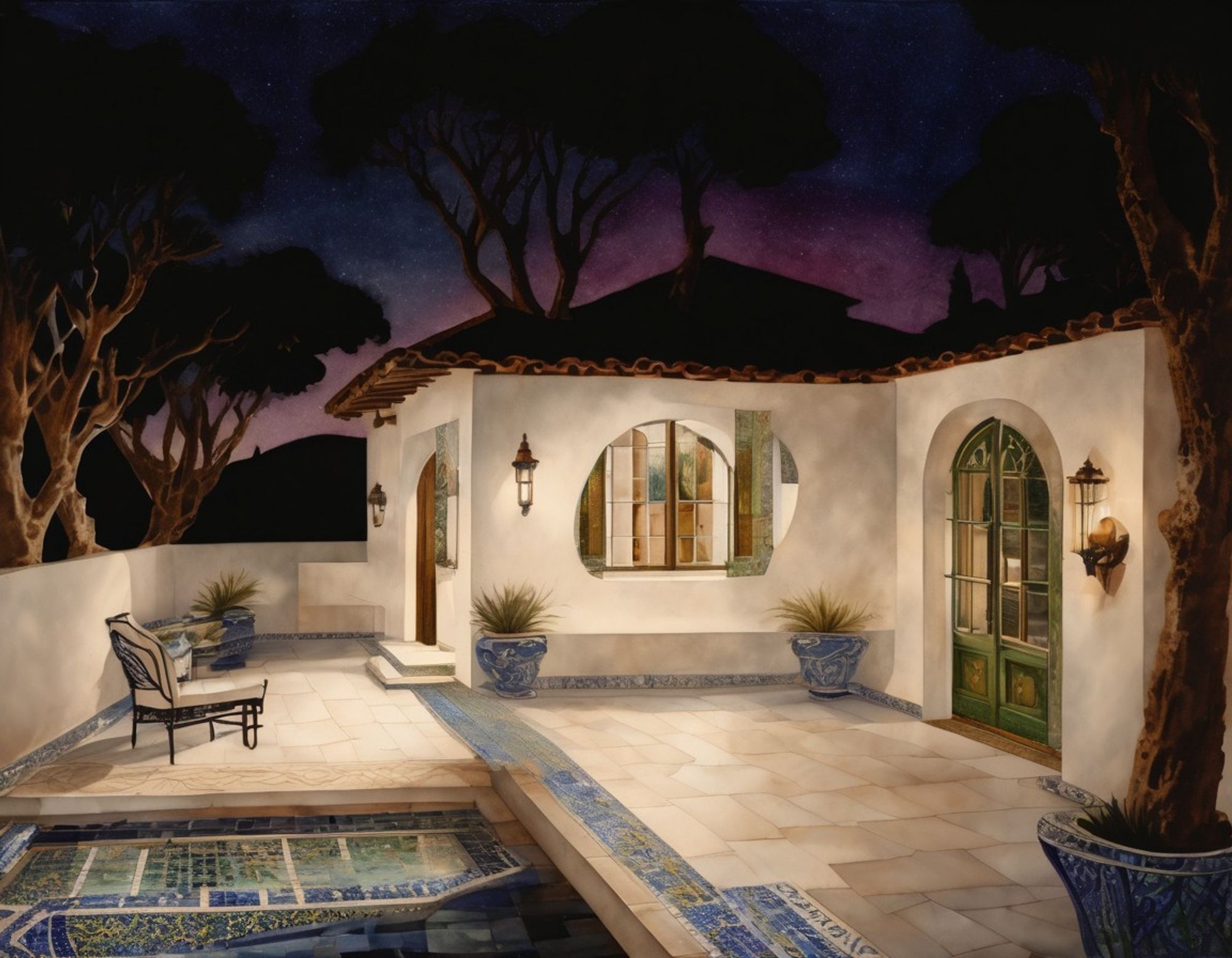 A tiled courtyard under a night sky fading from purple to indigo. with gentle light, a mosaic style pool, and a few desert trees.