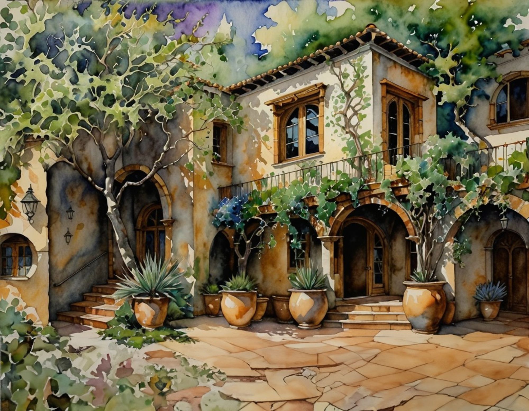 Courtyard of a Mediterranean influenced boutique mall with lush greenery, potted plants, arched doorways, and ample shady spaces. Watercolor style.