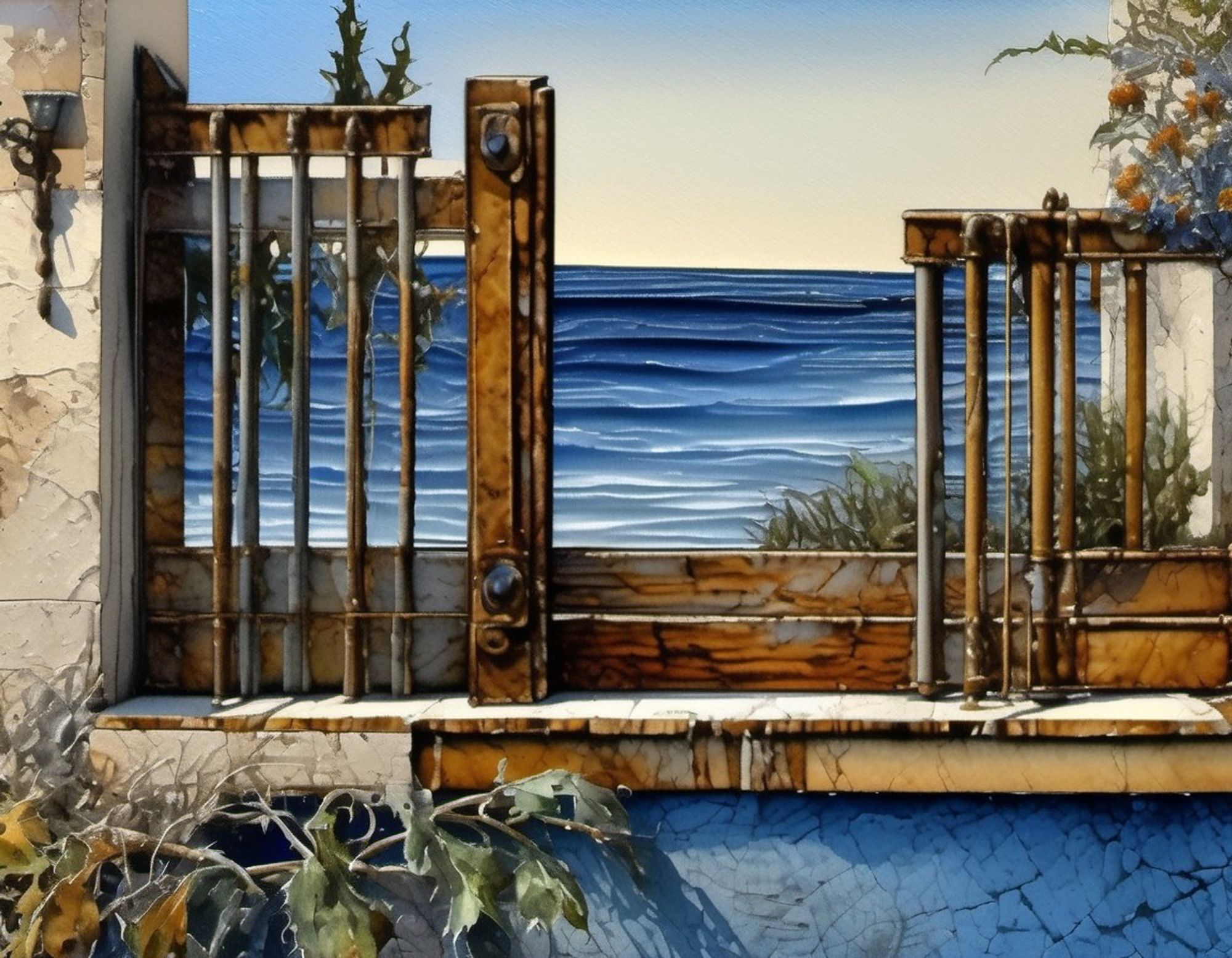 Old broken rusted metal fence, mounted in a weathered wall surrounded by weeds. Restless ocean and a clear blue sky are visible.