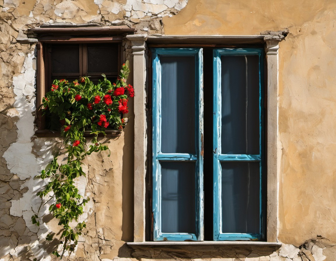 Weathered wall with red flowers in a window box next to a blue framed window.