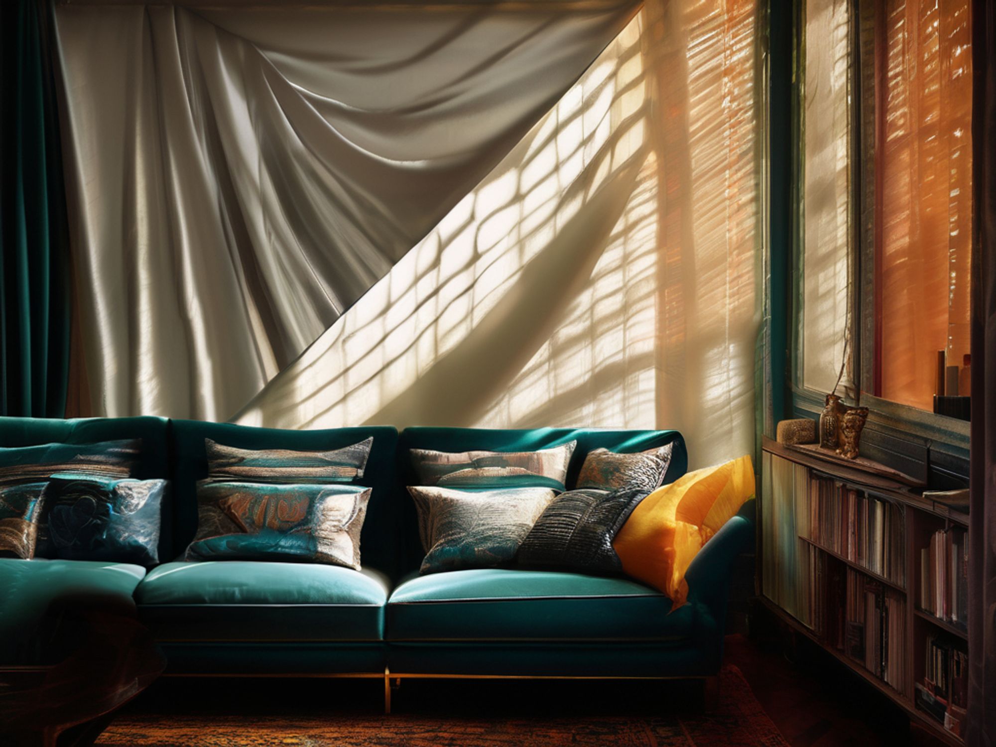 Cozy living room with teal sofa, draped curtains, sunlight through windows, and wooden bookshelf.