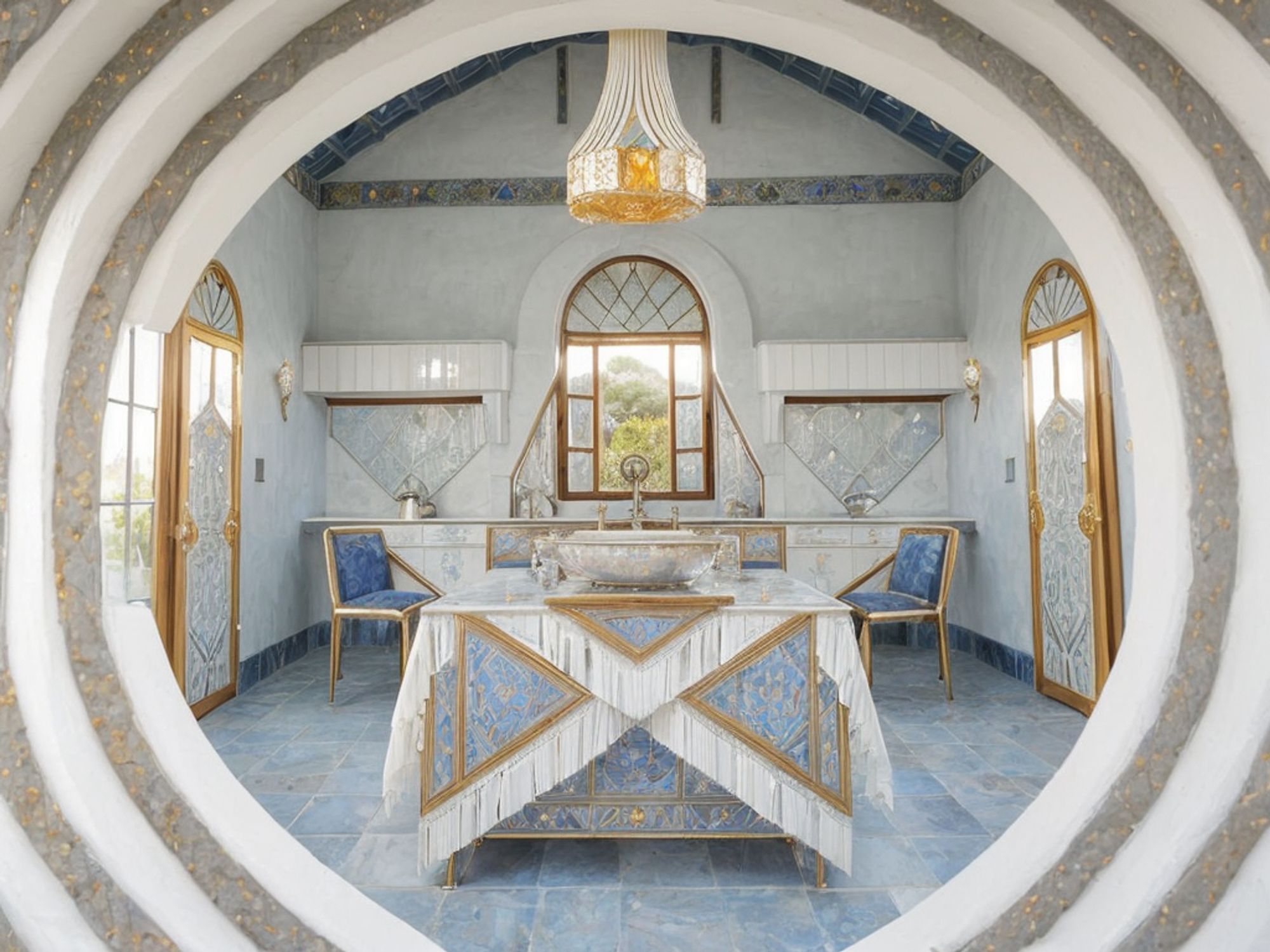 Close up, a light-filled kitchen with white walls, light blue marble floor, and a central table with a fringed tablecloth. From a distance, a pentacle shape illusion.