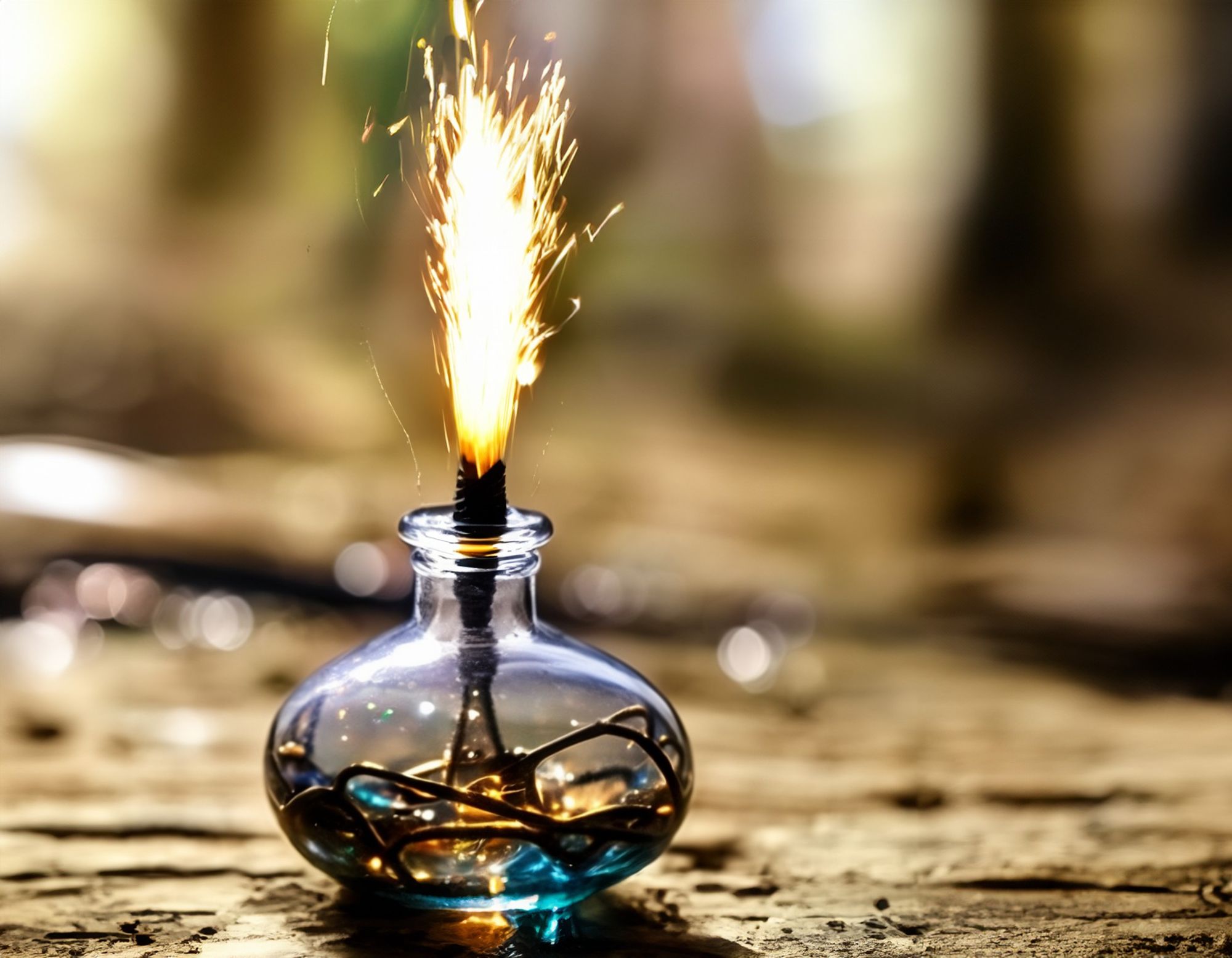 Close-up of a glass bottle with a burning wick, sparks, glowing light, and dynamic energy in a rustic setting with a blurred background.