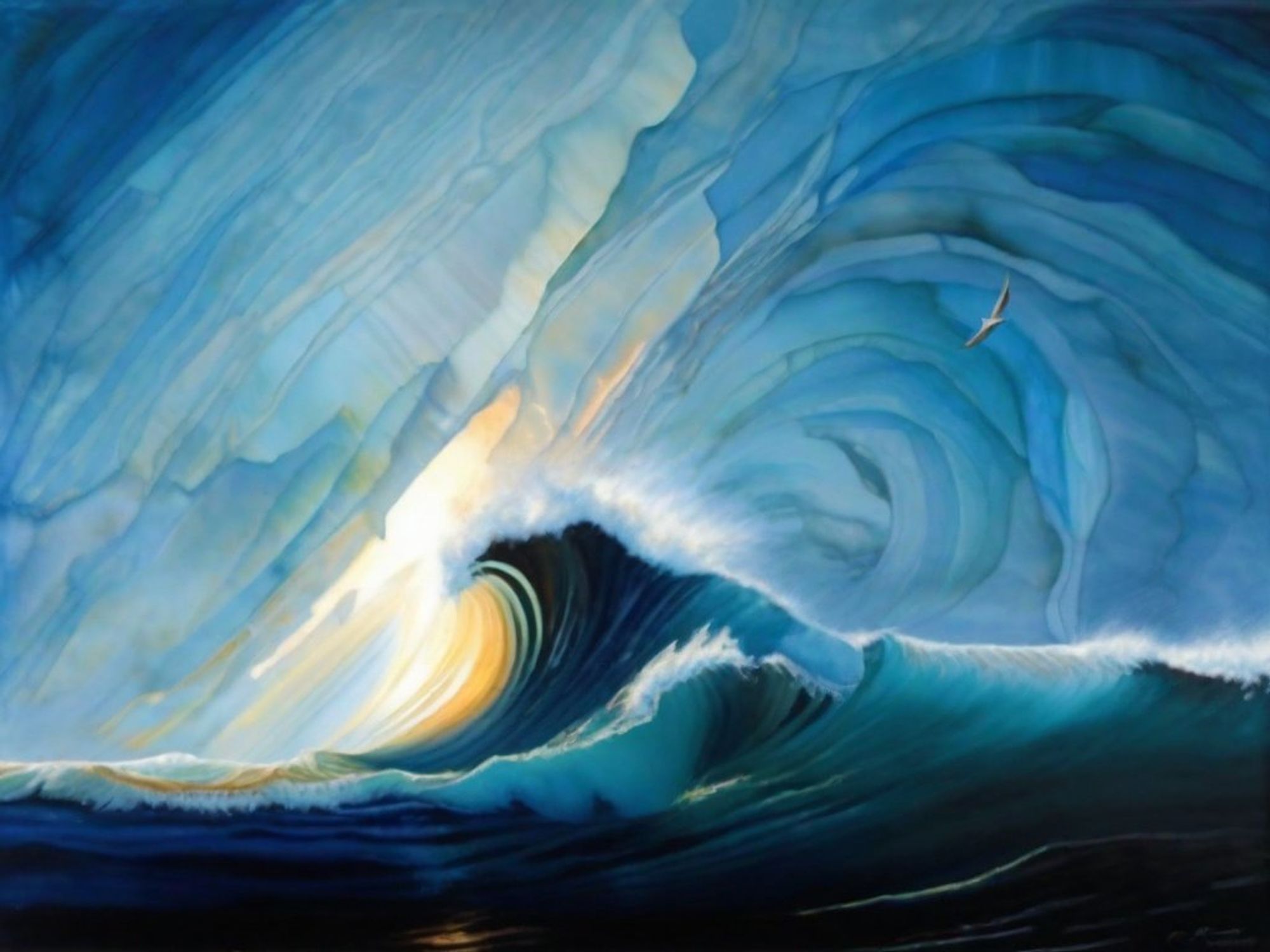 An ocean wave forming a tunnel with fluid motion in vibrant blue hues. A seabird coasts on the air currents above.