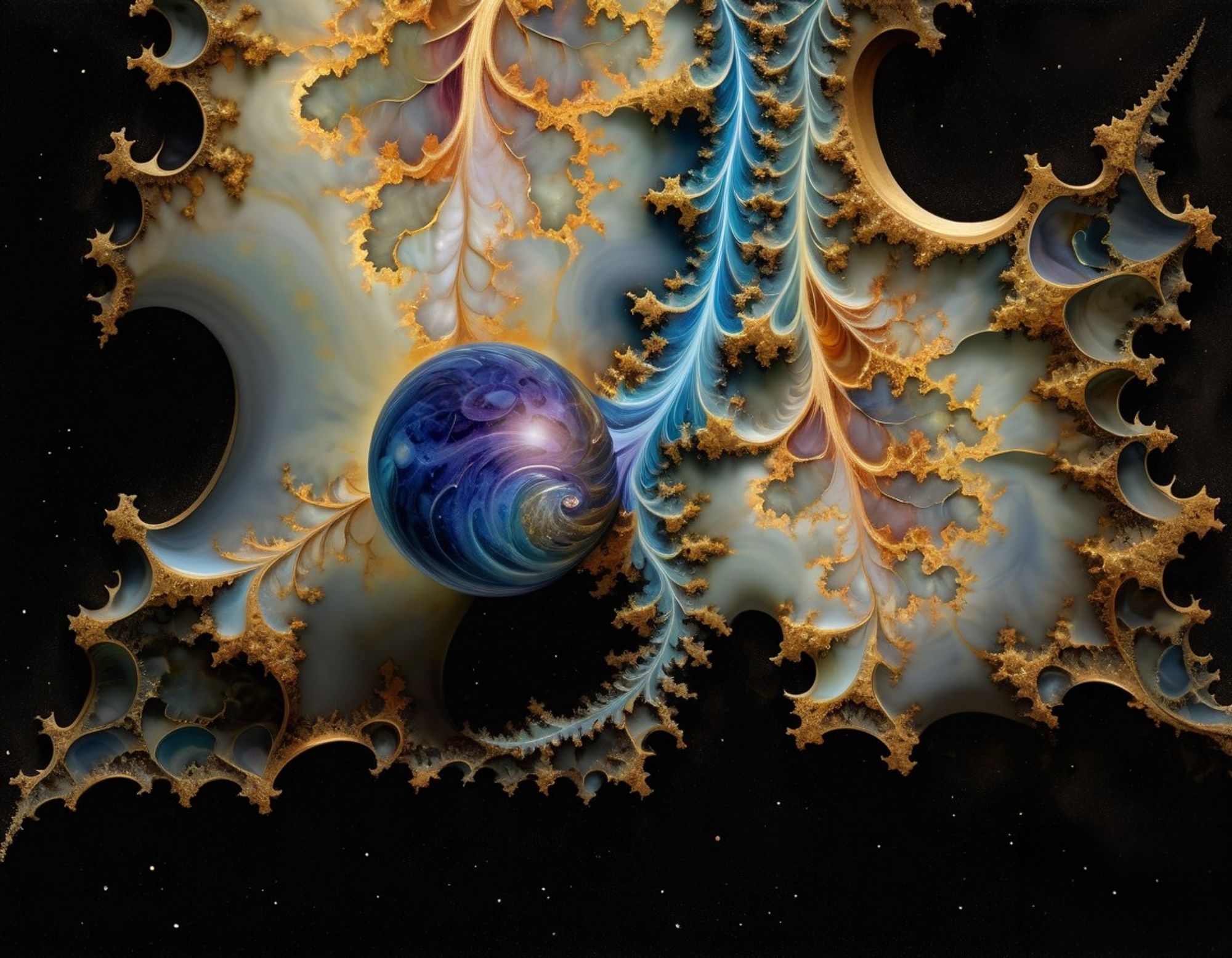 Swirling fractal megastructure with central orb resembling a cosmic egg, and gold and blue star-like patterns.