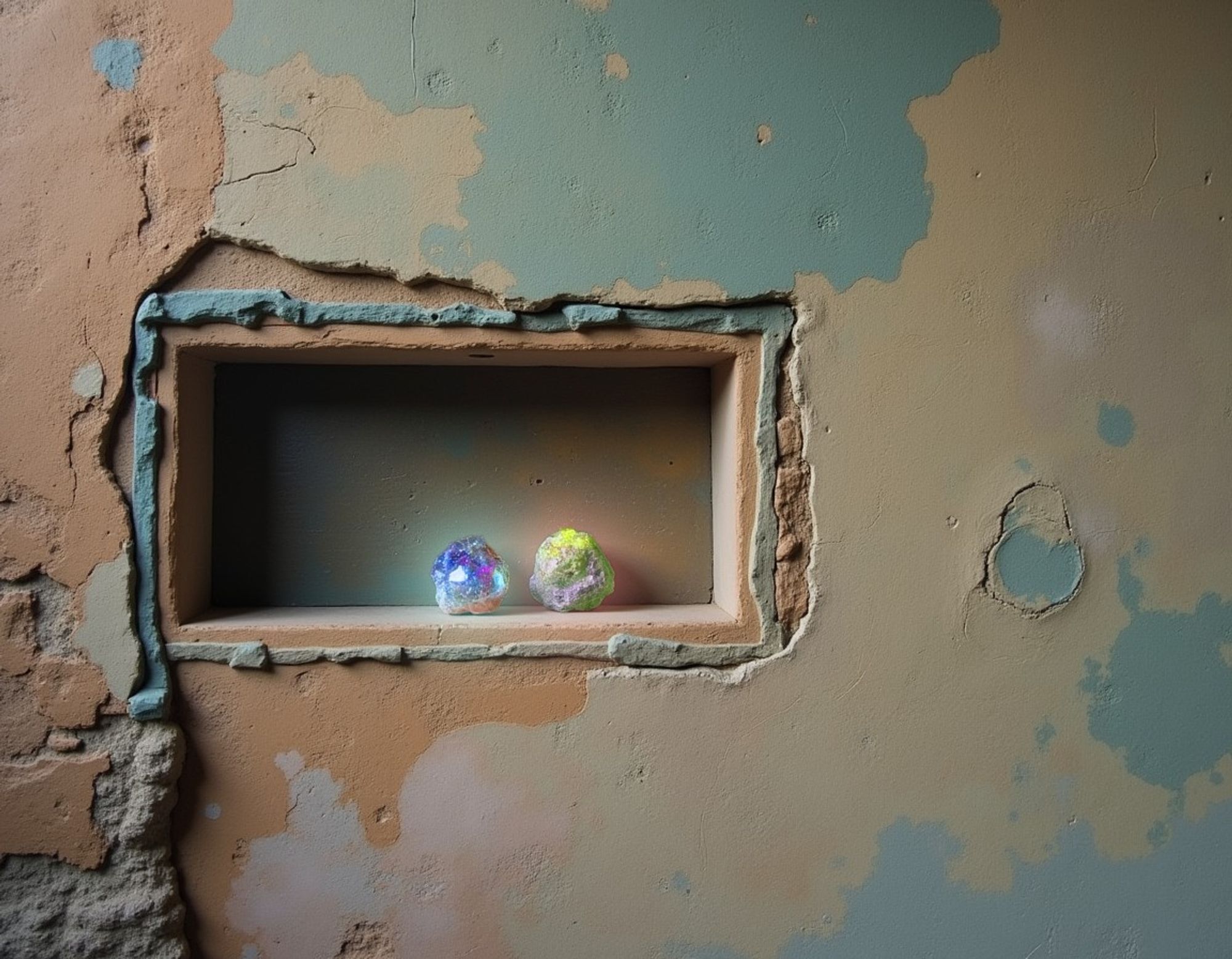 A pair of glowing mineral crystal specimens rest in a recessed niche within a weathered wall with layers of chipped paint in green, beige, and brown.