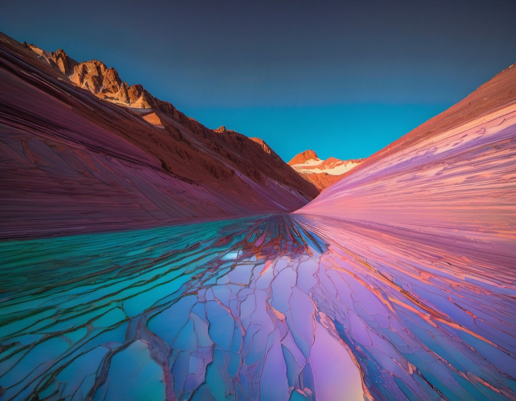 Alien riverbed with vivid mineral patterns leading to a glowing mountain under a pink and indigo sky.