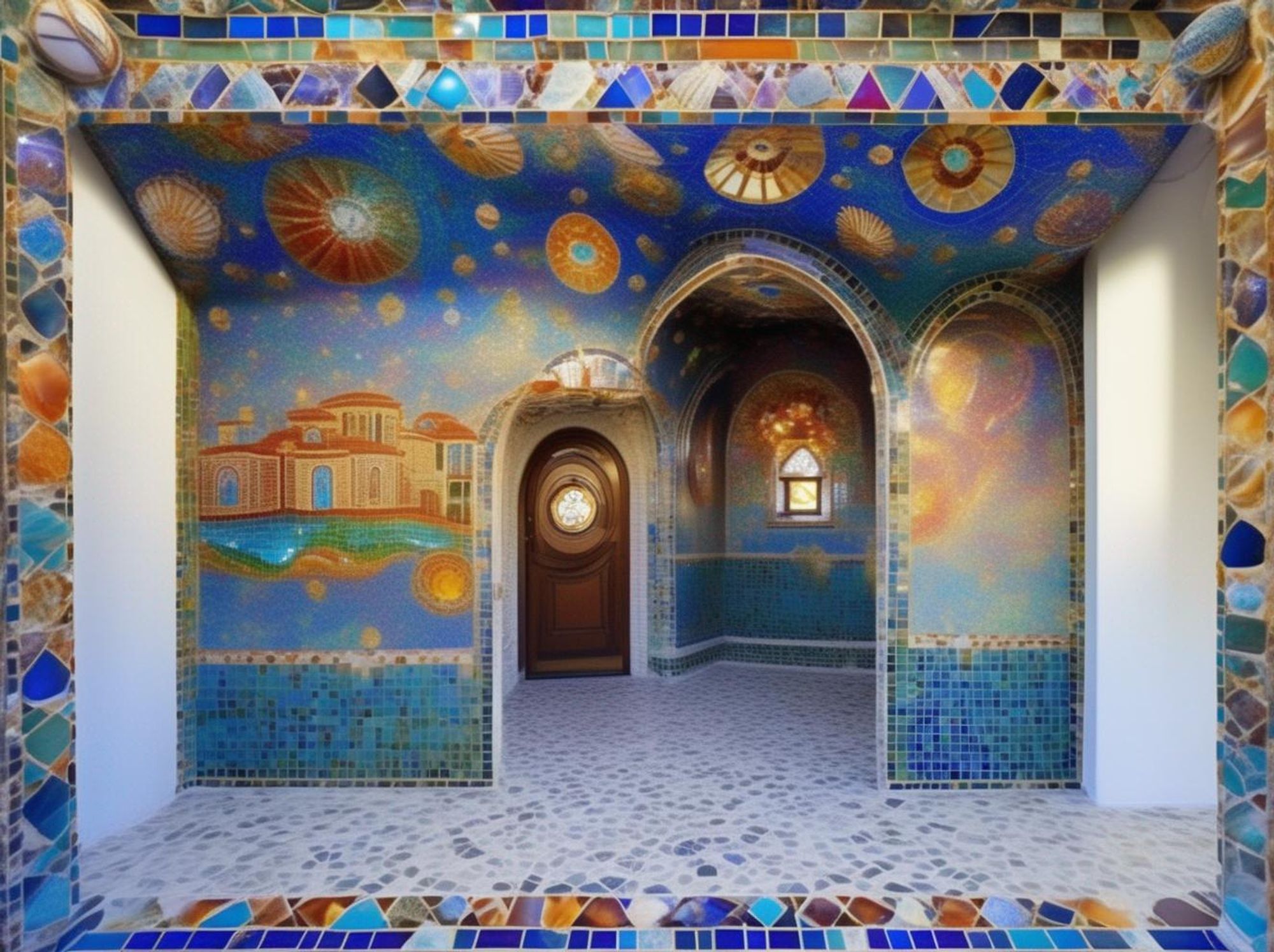 Ornate, mosaic-tiled bathroom with celestial motifs, but contains no bathroom fixtures, as happens in dreams.