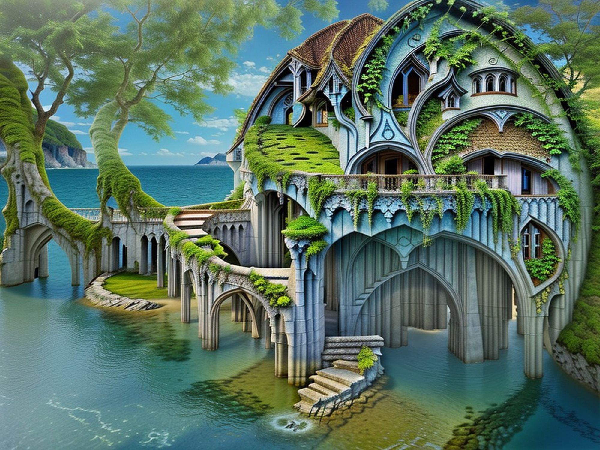 Close up, a whimsical hotel with fantasy architecture set by a sleepy lagoon, featuring arched bridges and lush greenery; from a distance, a nautilus pattern is visible.