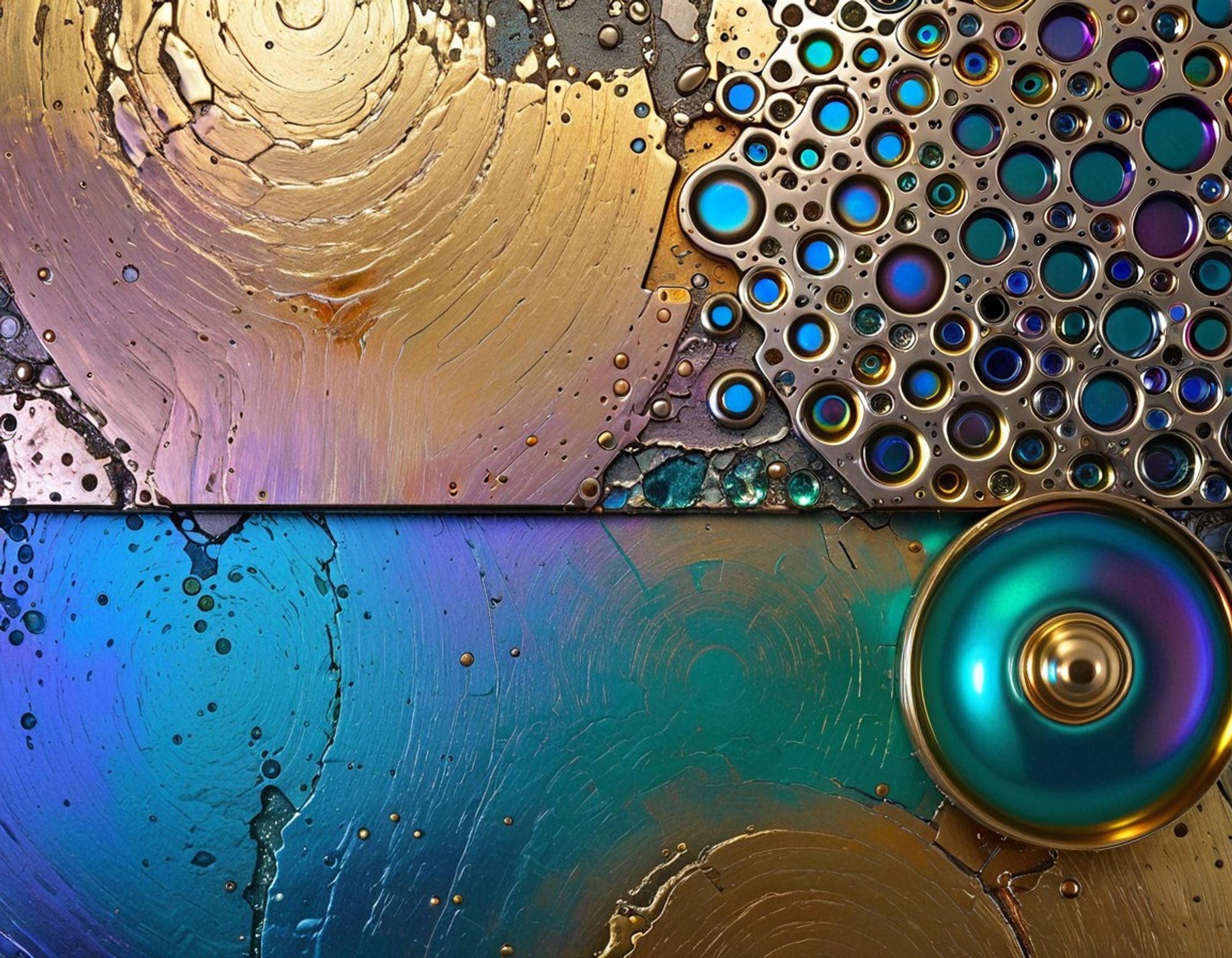 Extreme close up of a metallic surface split into segments, each coated with a different nano-material with varying textures and shapes, in vivid gold, blue, green, and iridescent colors. Macro photography style.