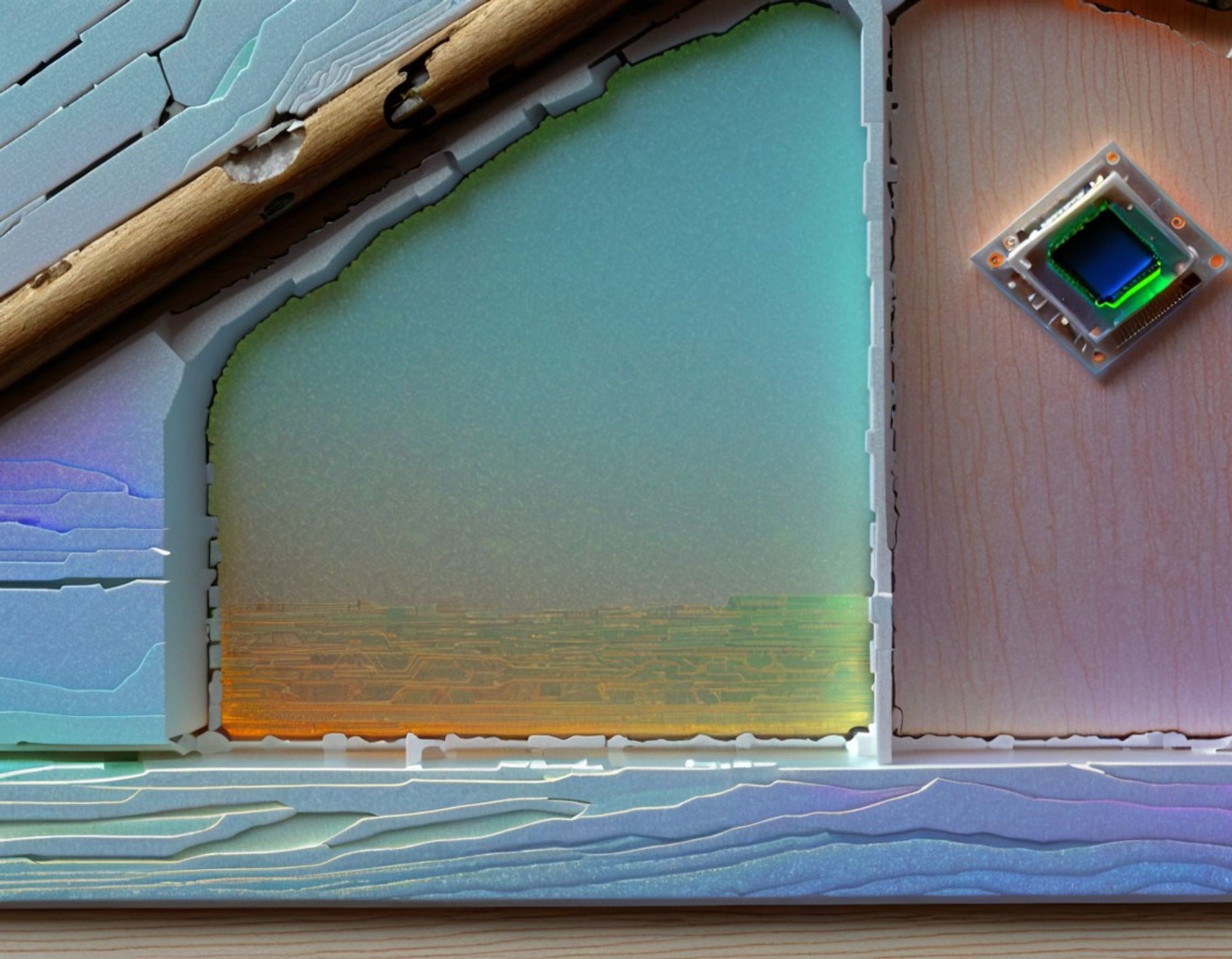 Detail of a carefully tended wall at an abandoned local building, made of wood covered with many layers of color-shifting pastel paint, some slightly chipped, with a worn diamond-shaped blue-green electronic button that legend has it will grant a wish.