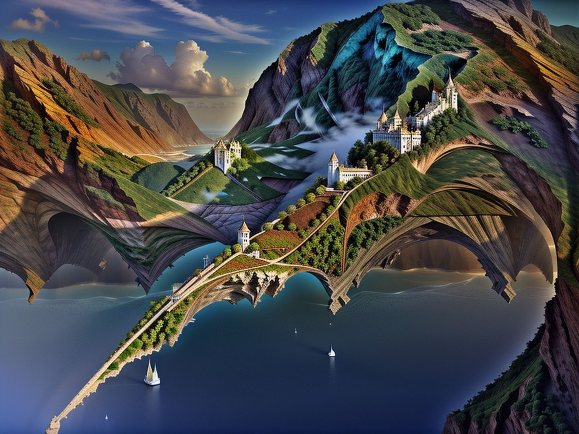 Castles built on long spines of gravity defying fractal land, with mountains and patterned fields, hanging in the air over a calm sea with boats.