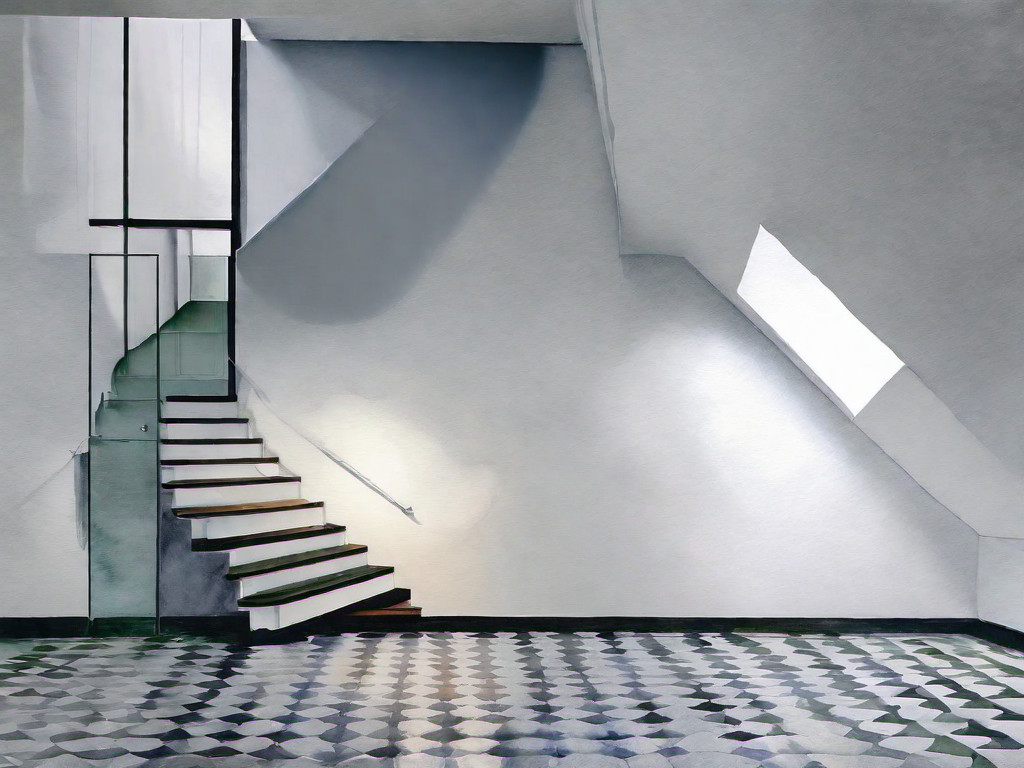 The beginning of a real staircase blends into the painted suggestion of continuation on the wall of a minimalist, empty white room with a black and white tiled floor. Watercolor style.