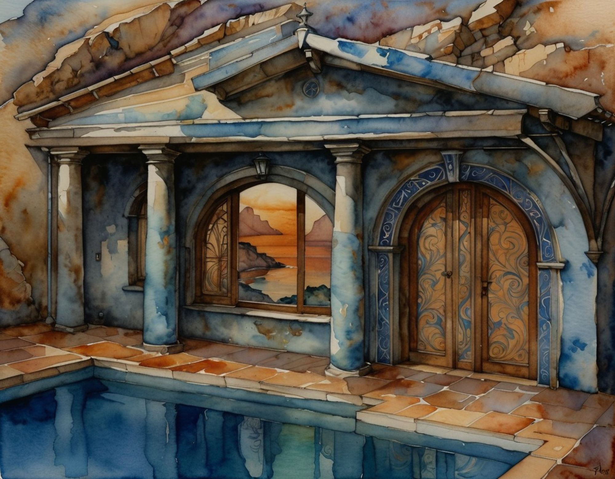 Weathered blue and earth toned stone building in sunny daylight, with a turquoise pool, arched windows, and an intricatedly decorated closed doorway. A large open window shows a portal to an alien landscape at sunset within. Watercolor style.