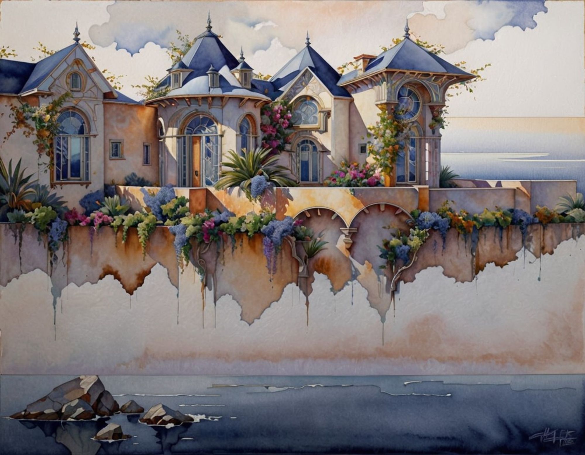 A dreamlike scene with colorful houses on a strip of land floating in mid-air over a calm blue ocean, with blooming vines cascading over the edges. Watercolor style.