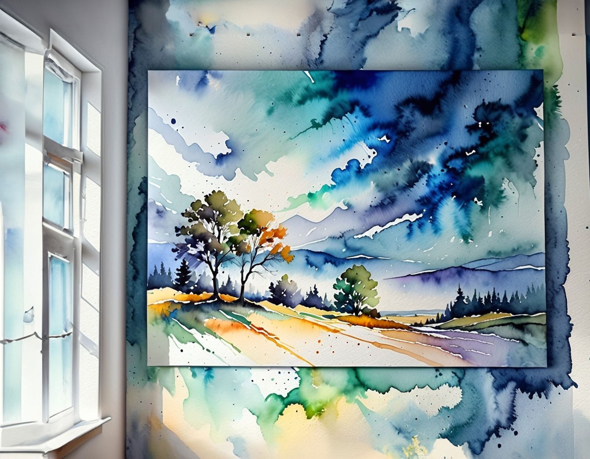 A wall by a window full of daylight, with a watercolor painting of hills, trees, and mountains, with washes of paint covering the wall and appearing to have escaped from the painting.