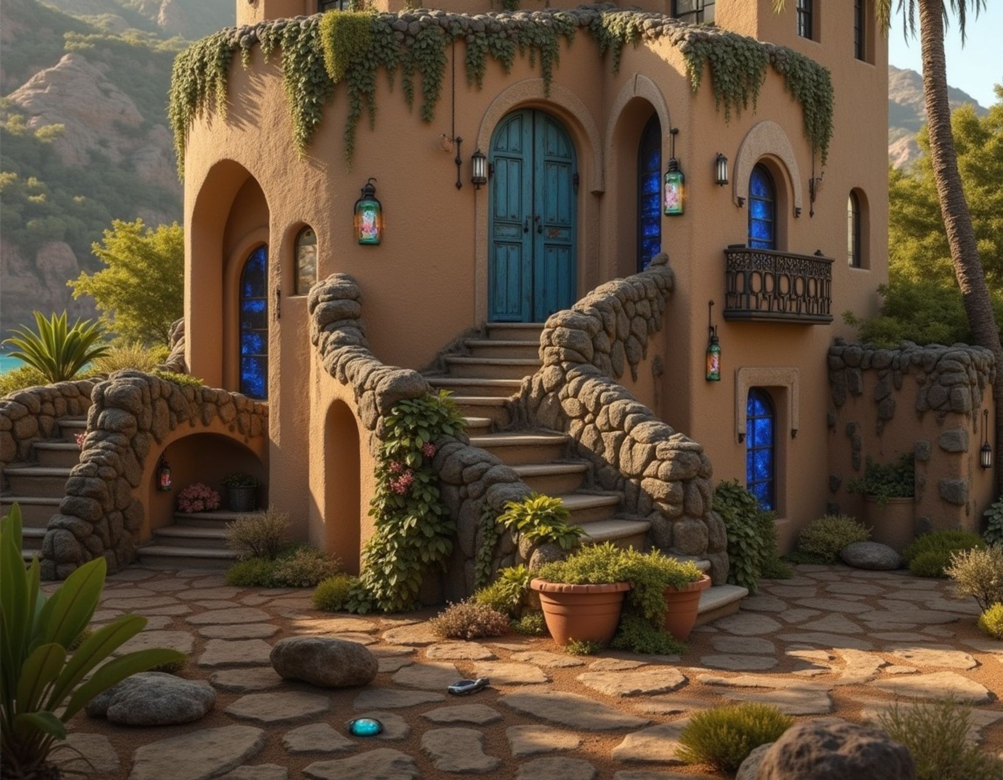 Whimsical storybook cottage with a blue arched door, stone pathways, vine-covered walls, and warm lighting, set in an enchanted garden with a mountainous backdrop.