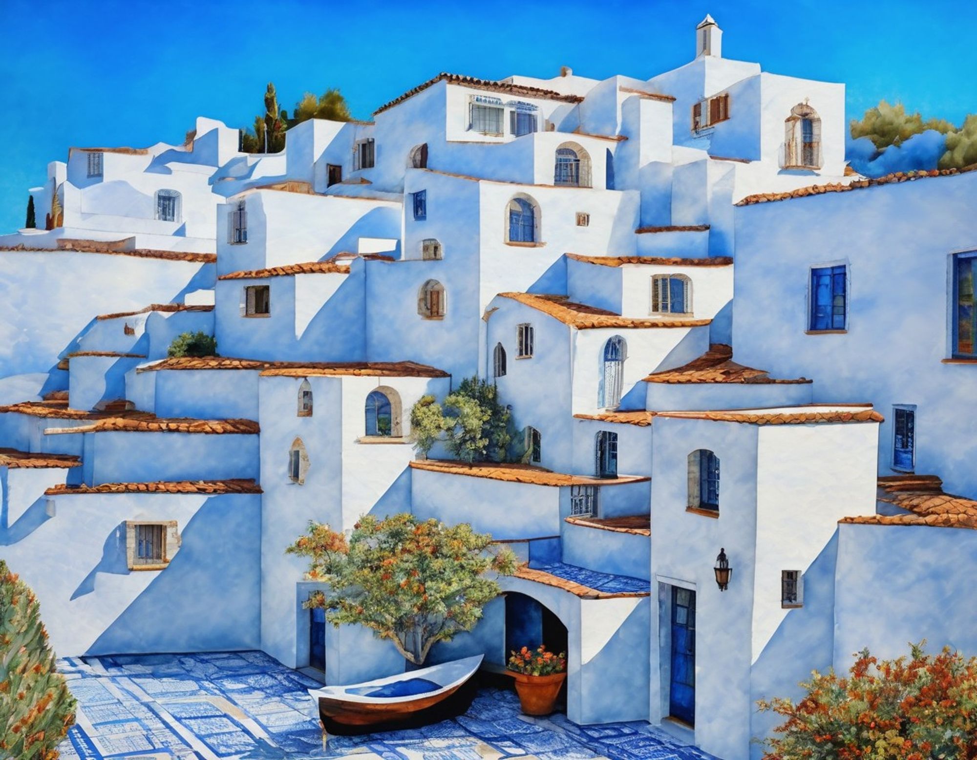 A solitary little boat rests on a tiled stone patio next to a fruit tree, in front of a hill of Mediterranean-style whitewashed houses, against a clear blue sky.