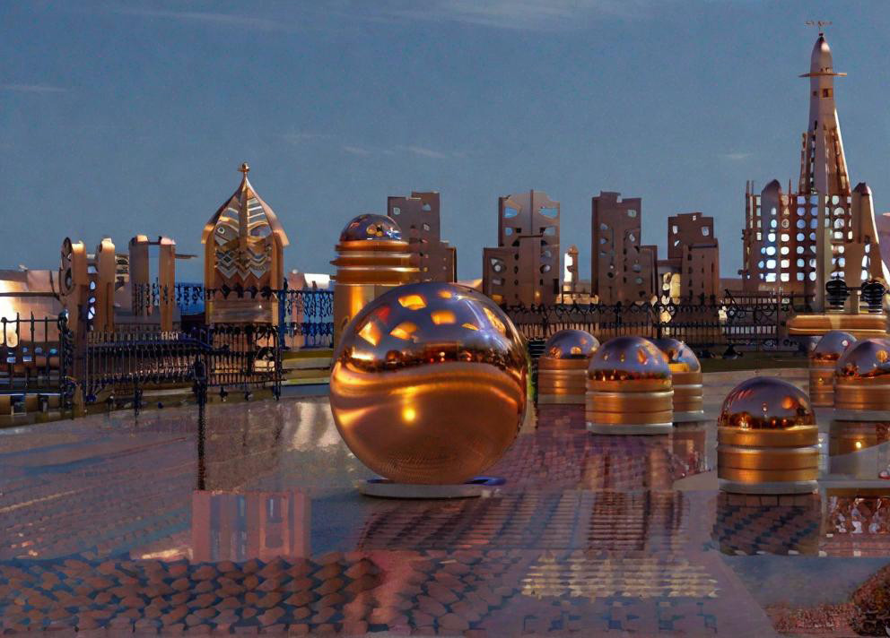 A futuristic rooftop with golden spheres, reflective surfaces, abstract architecture, geometric patterns, and evening light, creating a modern urban landscape.