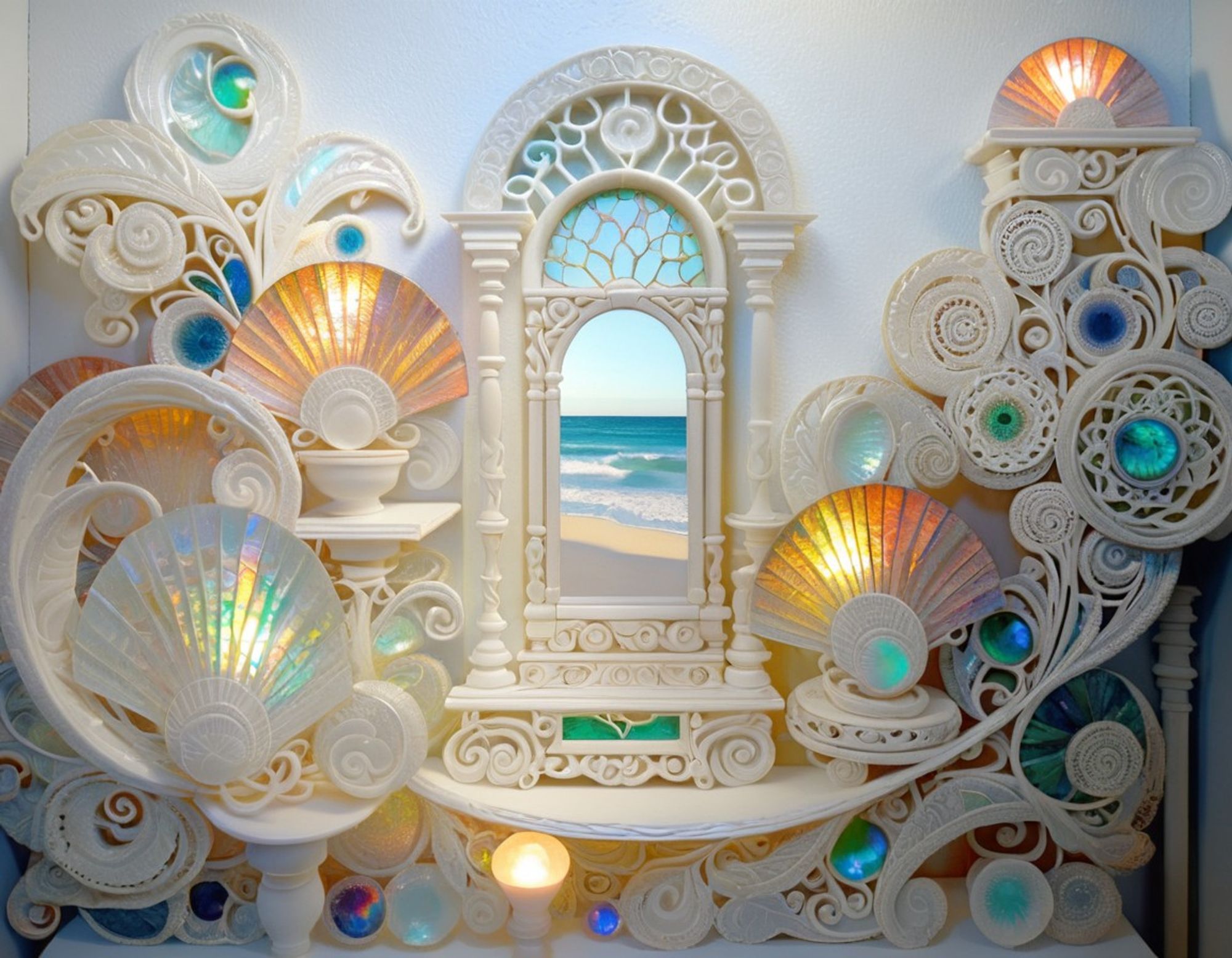 Glowing stylized seashell lamps in an intricately carved wall surround an ornate arched door leading to a beach view.