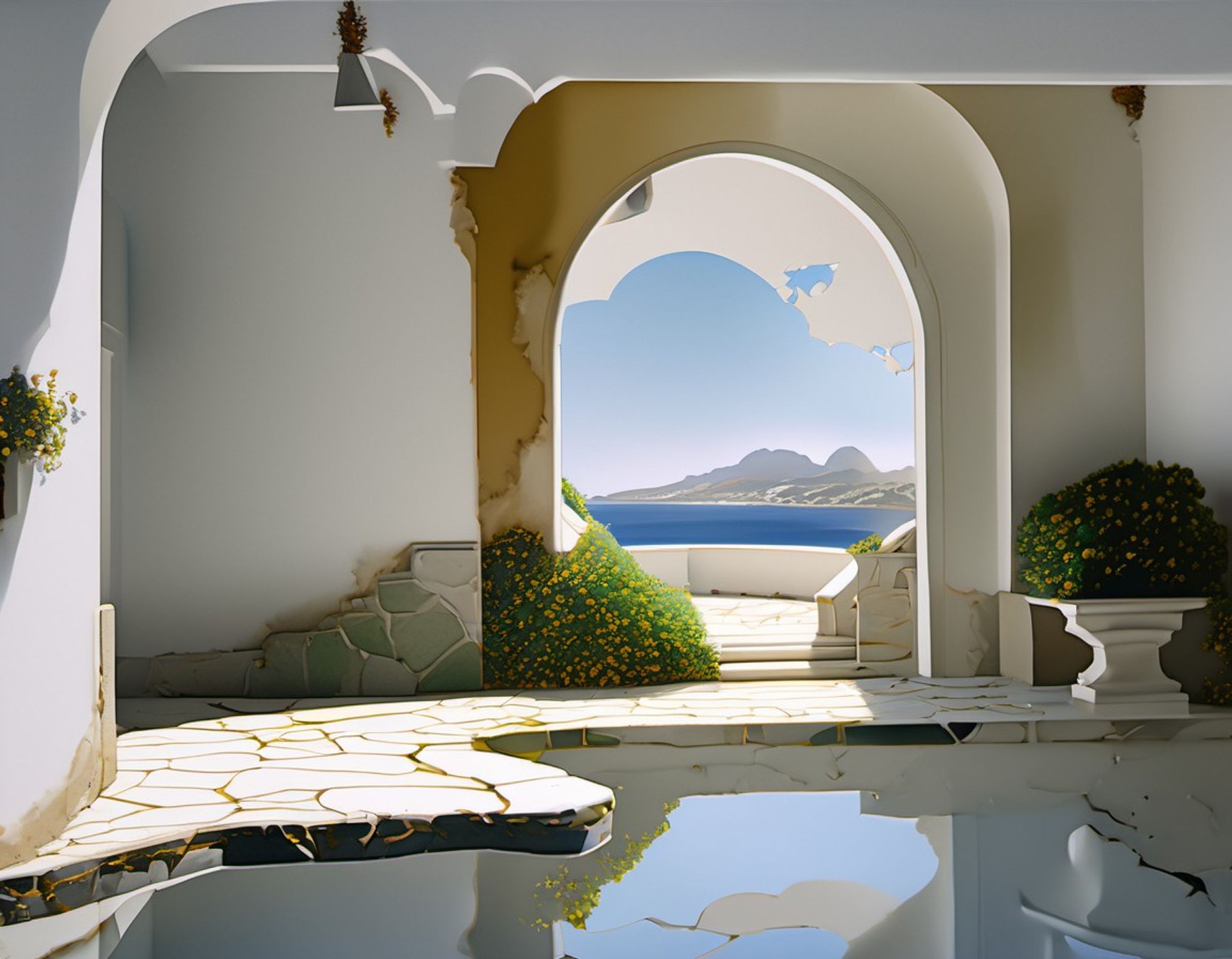 A white stone pool room, with a sunny ocean view framed by an arched doorway, with decorative flowering bushes and plants, and a floor of artfully fitted irregular limestone pieces. AI impressionism style.