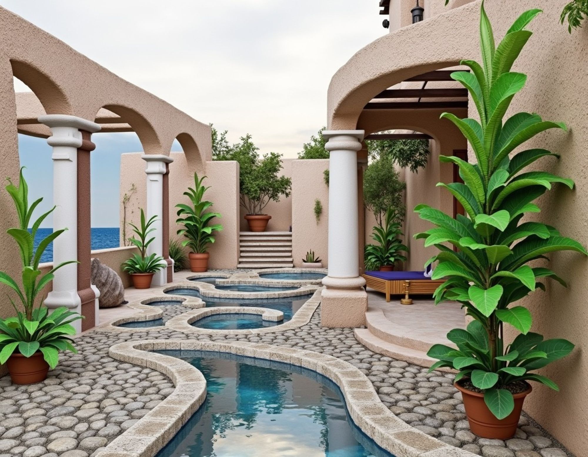 A Mediterranean-style outdoor courtyard with stone paths and small fish ponds, terracotta pots with green plants, arched columns, and a coastal view in the background.