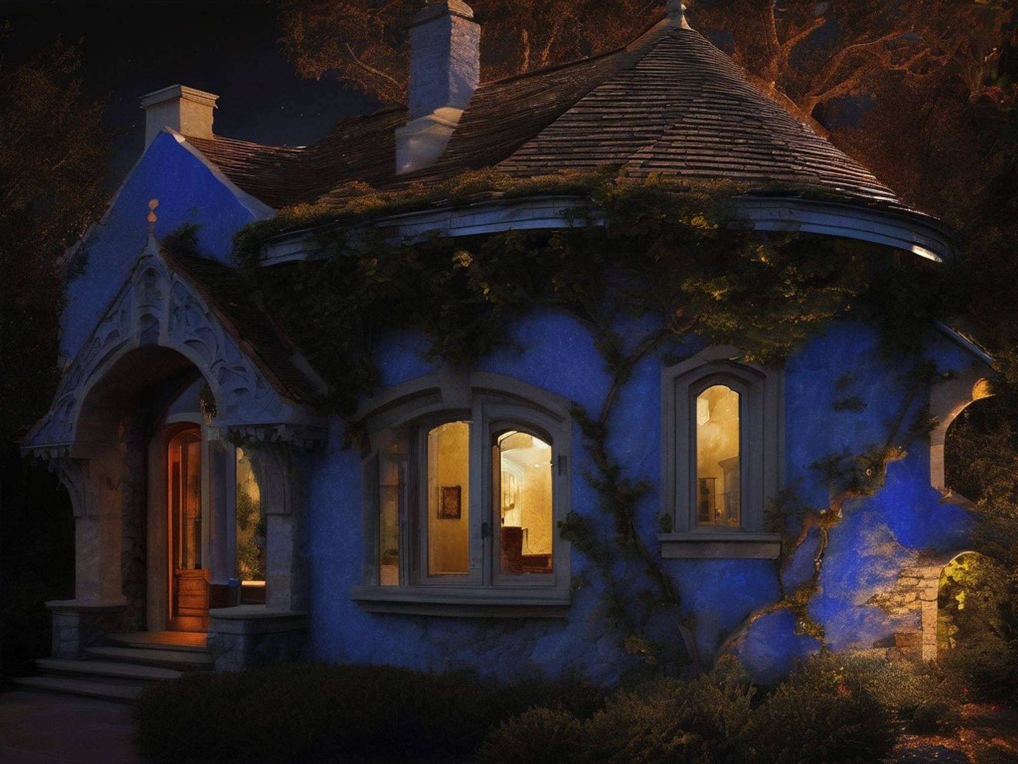 Blue stone cottage at night, wrapped in ivy vines and bathed in warm light.