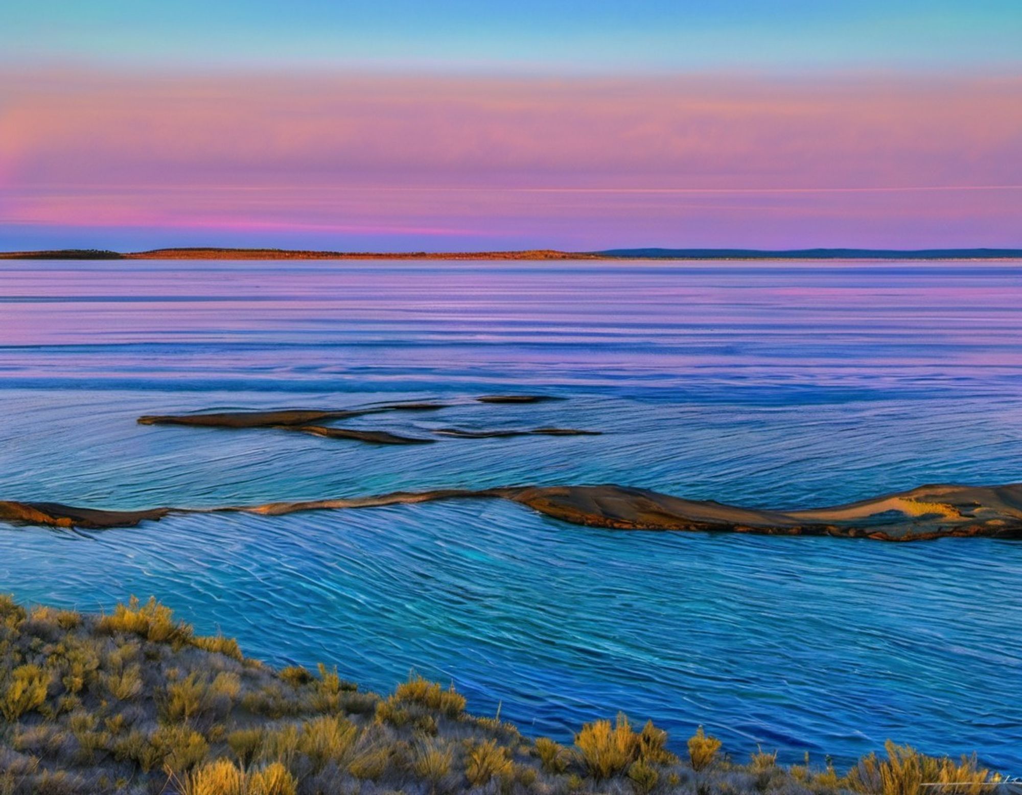 Day dawns in vibrant aquas and pinks over a turquoise bay, with gentle waves swelling over low rocks. Some scrubby grass is visible in the foreground on the right.