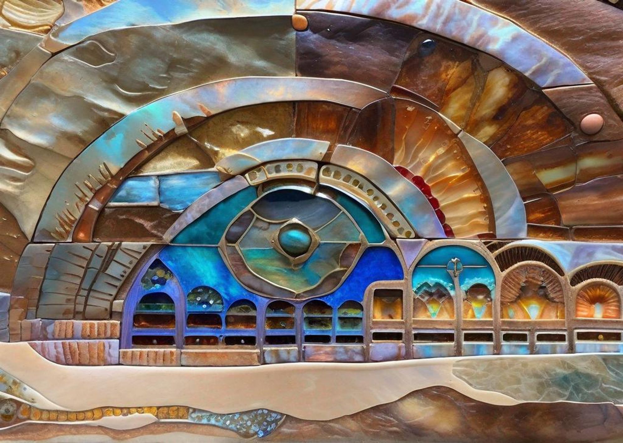 An enigmatic mosaic of vivid polished mineral pieces fitted together, depicting a series of arched doorways in an alien desert landscape, with a central blue sphere from which the scene radiates.