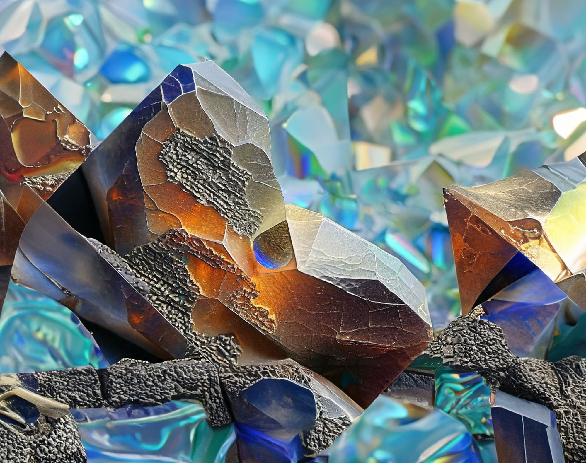 Close-up of crystalline forms with unusual intricate patterns. Bold coppers and blues in sharp focus are in the foreground, and softer focus, glassier aqua and iridescent crystals in the background.