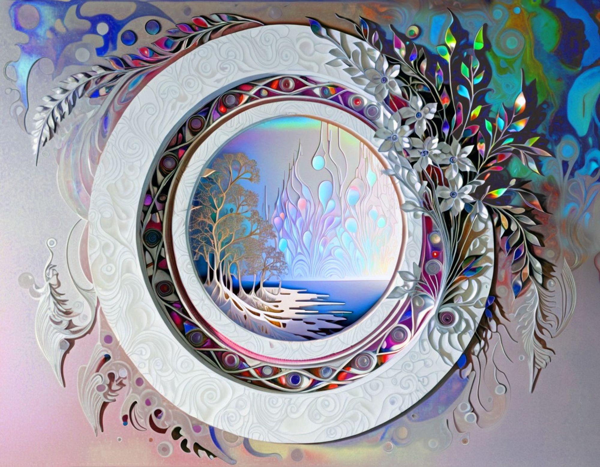 White framed spaceship porthole with iridescent and floral decorations, showing an exoplanet beach scene with alien trees and a glowing, otherworldly sky.