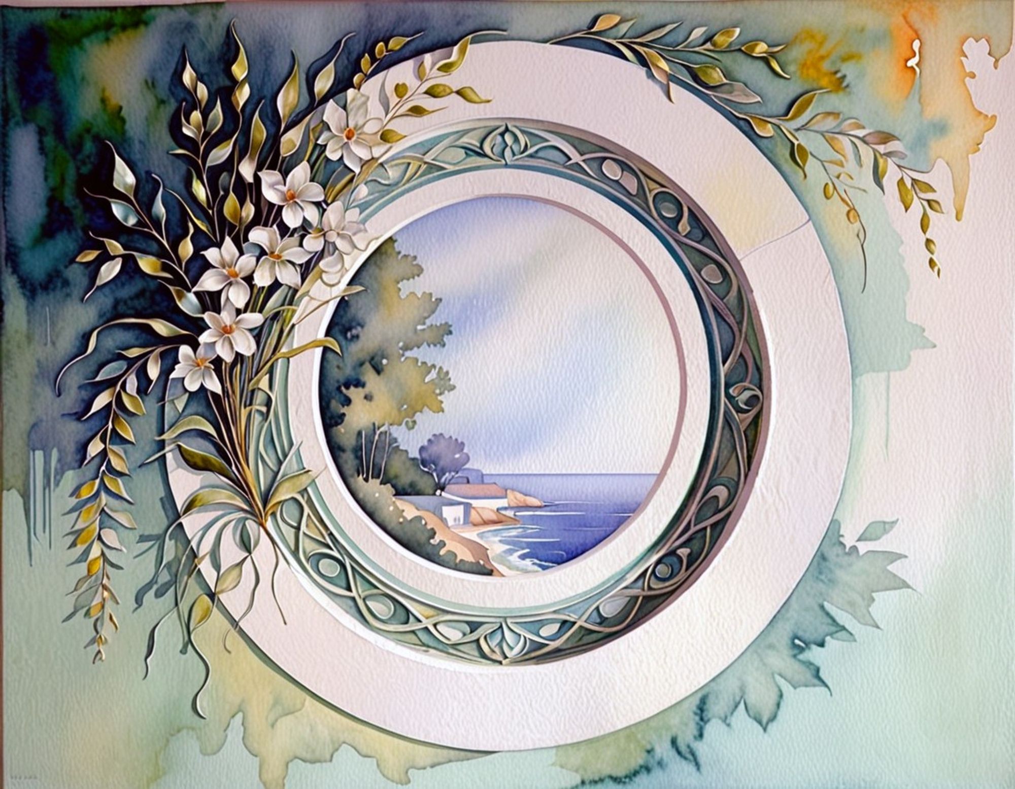 A white circular embossed porthole, decorated with white flowers and trailing vines, on a watercolored background of nautical blues, greens, and golds, framing an inviting beach scene. Watercolor style.