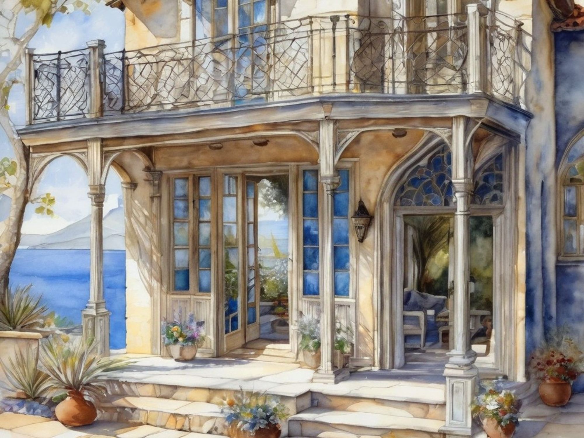 A stone house, all the doors open on the ground floor, with potted flowering plants sitting in the sun.  Above, a balcony with intricate railings; in the background, a view of the ocean. Watercolor style.