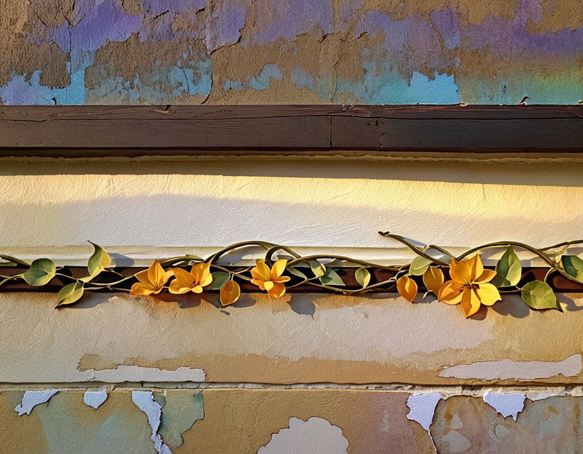 A garland made from a vine with yellow-orange flowers, laid horizontally across a wall with layers of peeling paint in pastel blues, purples, and yellow.