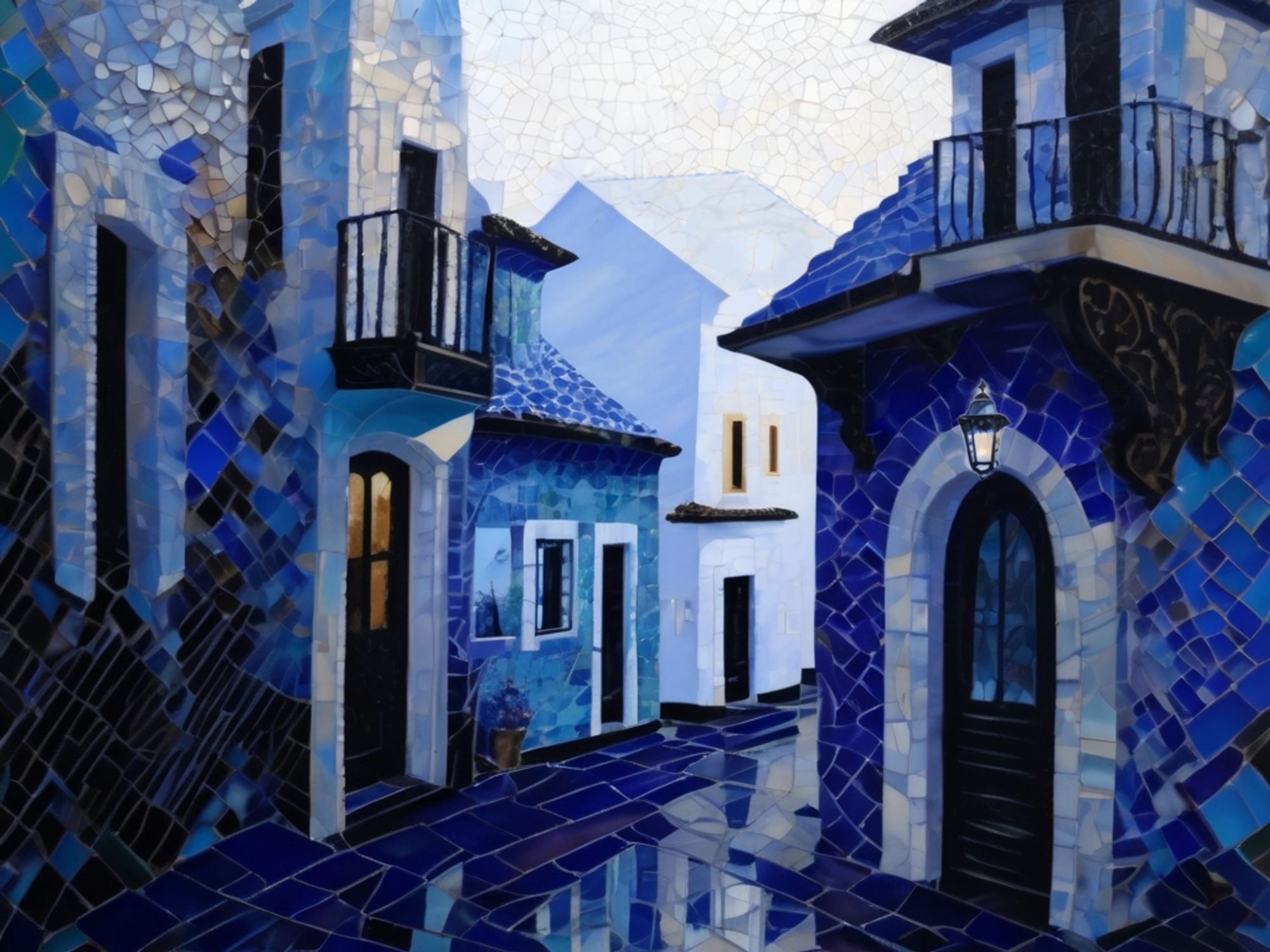 A mosaic depicting a blue street with puddles, highlighting ceramic tiles and reflective surfaces.