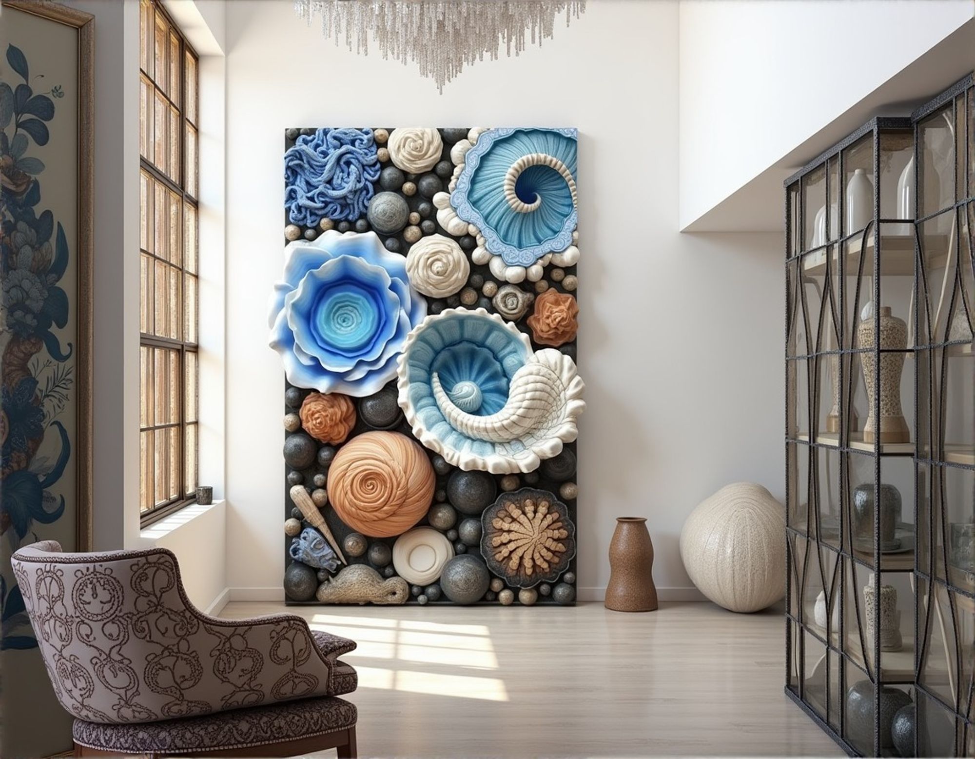 Modern interior with large sculptural wall assemblage of seashell, floral, and organic shapes, illuminated by natural light, with a cozy chair and glass display case.