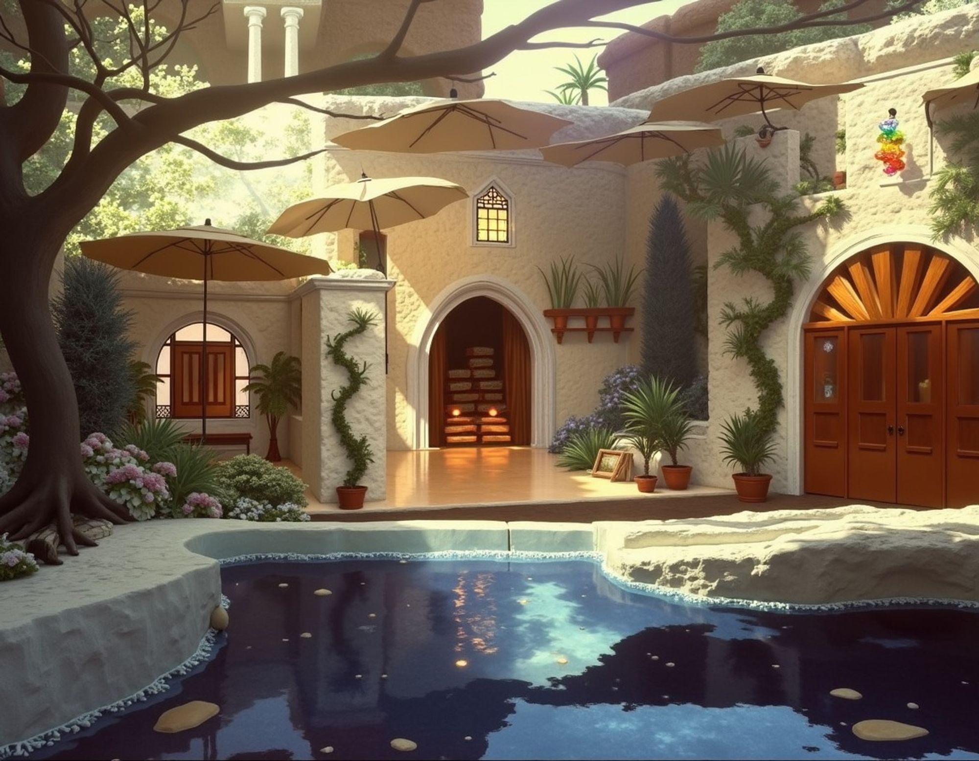 Sunlit Mediterranean-style courtyard with arched doorways, hanging and fixed shade umbrellas, a deep pool, and lush greenery, creating a warm and inviting retreat.