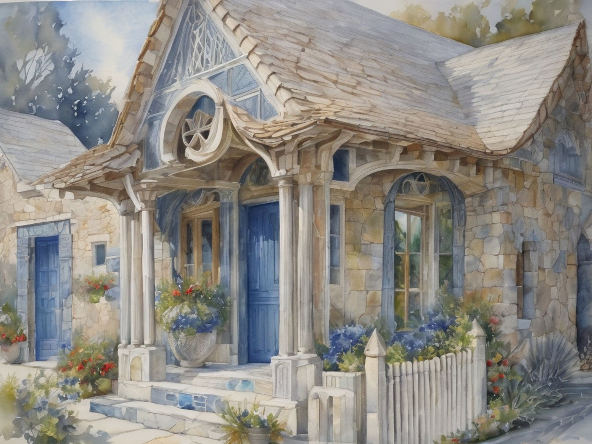 A stone cottage with blue doors and flowering plants, on a sunny day. A white picket fence encloses an herb garden to one side of the front porch. Watercolor style.