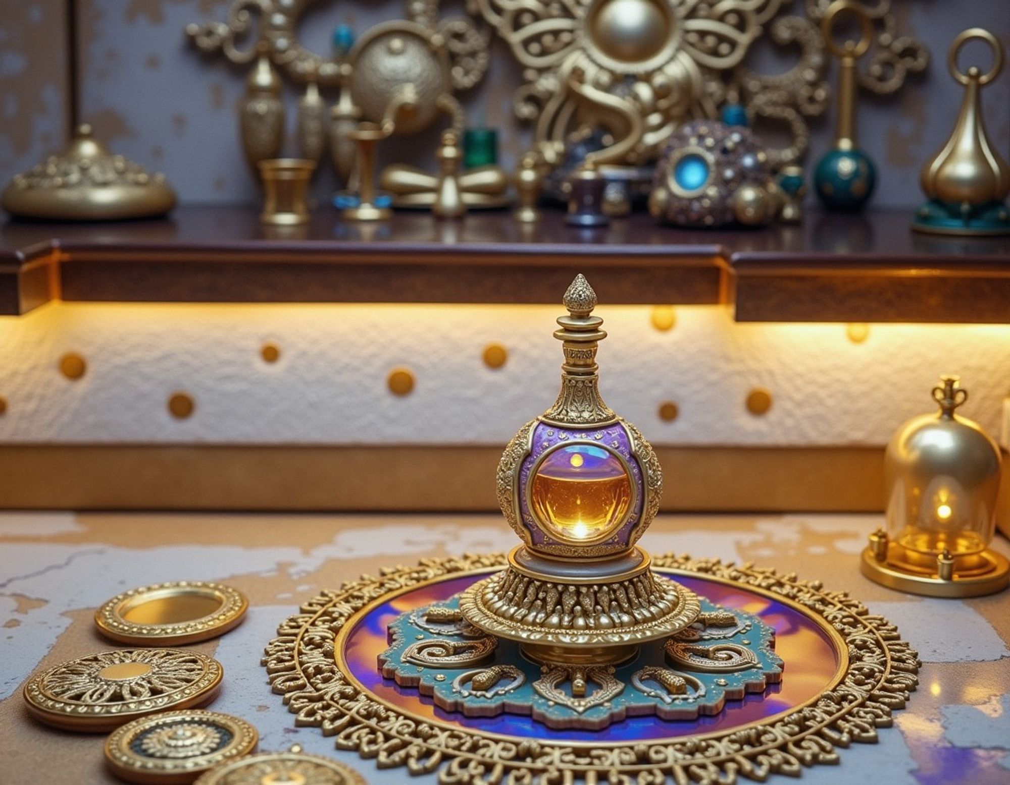 Luxurious casino setting with ornate golden parts of a game of chance on a table focused on a glowing centerpiece, with a collection of precious metal and jeweled objects on a slightly blurred shelf in the background.