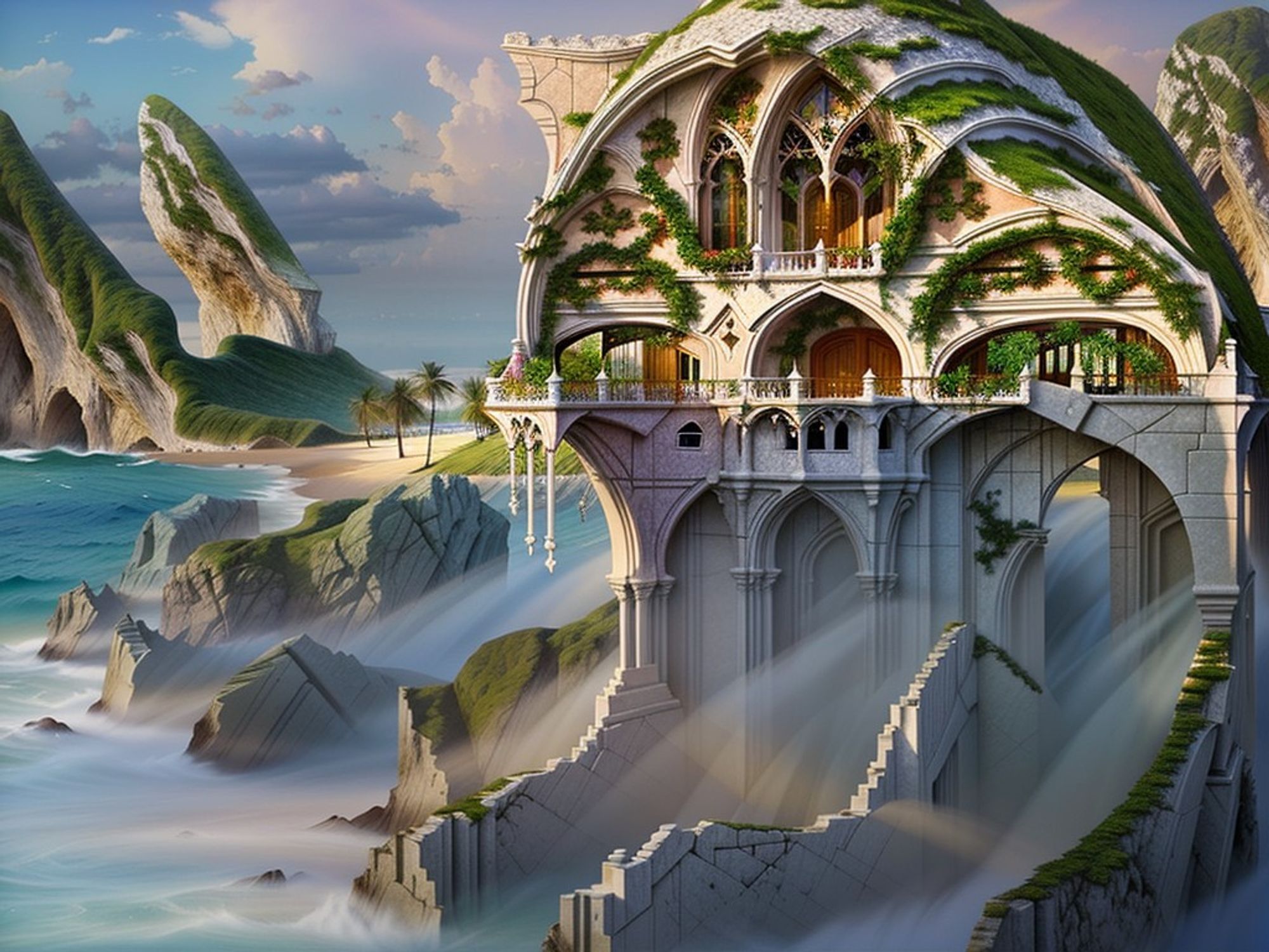 A fantasy concert hall with medieval architectural elements, arched windows, lush greenery, and vines, perched on coastal cliffs, with a waterfall rushing below.