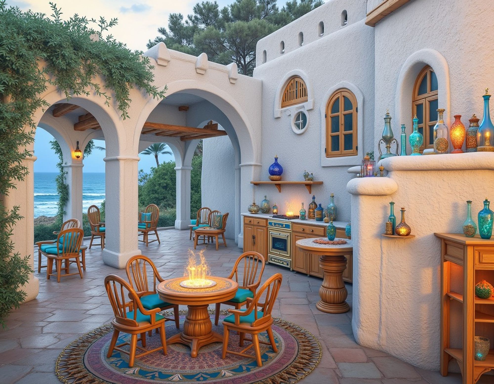 A Mediterranean-style outdoor kitchen with tiled floor, colorful glass bottles, wooden furniture, an ocean view, and some magical elements including a flame table.